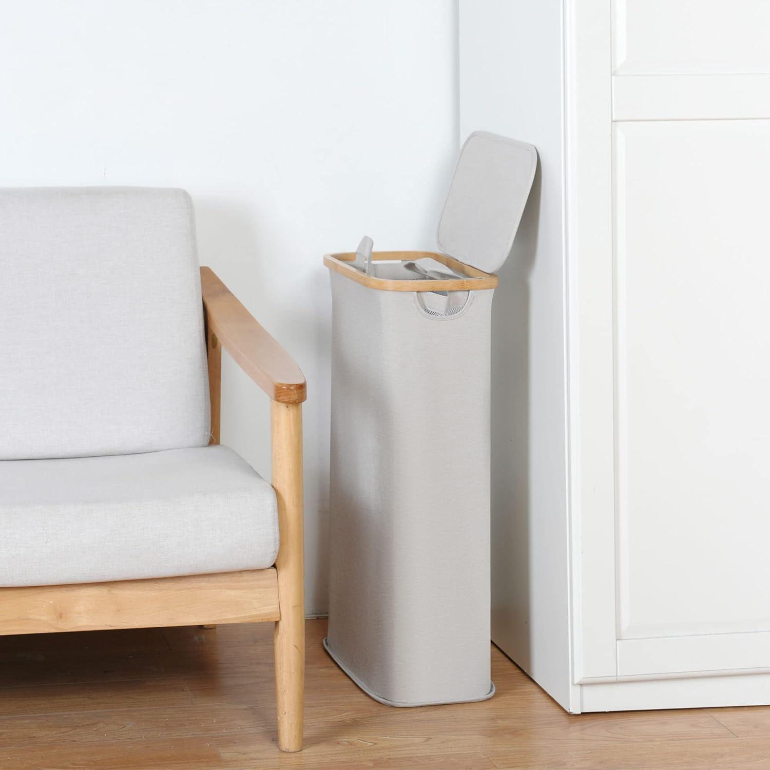 imageefluky Slim Laundry Basket with Lid Narrow Laundry Hamper with Removable Bag Skinny Dirty Clothes Basket with Bamboo Handles for Bathroom Bedroom amp Laundry Room 75L PinkLight Grey