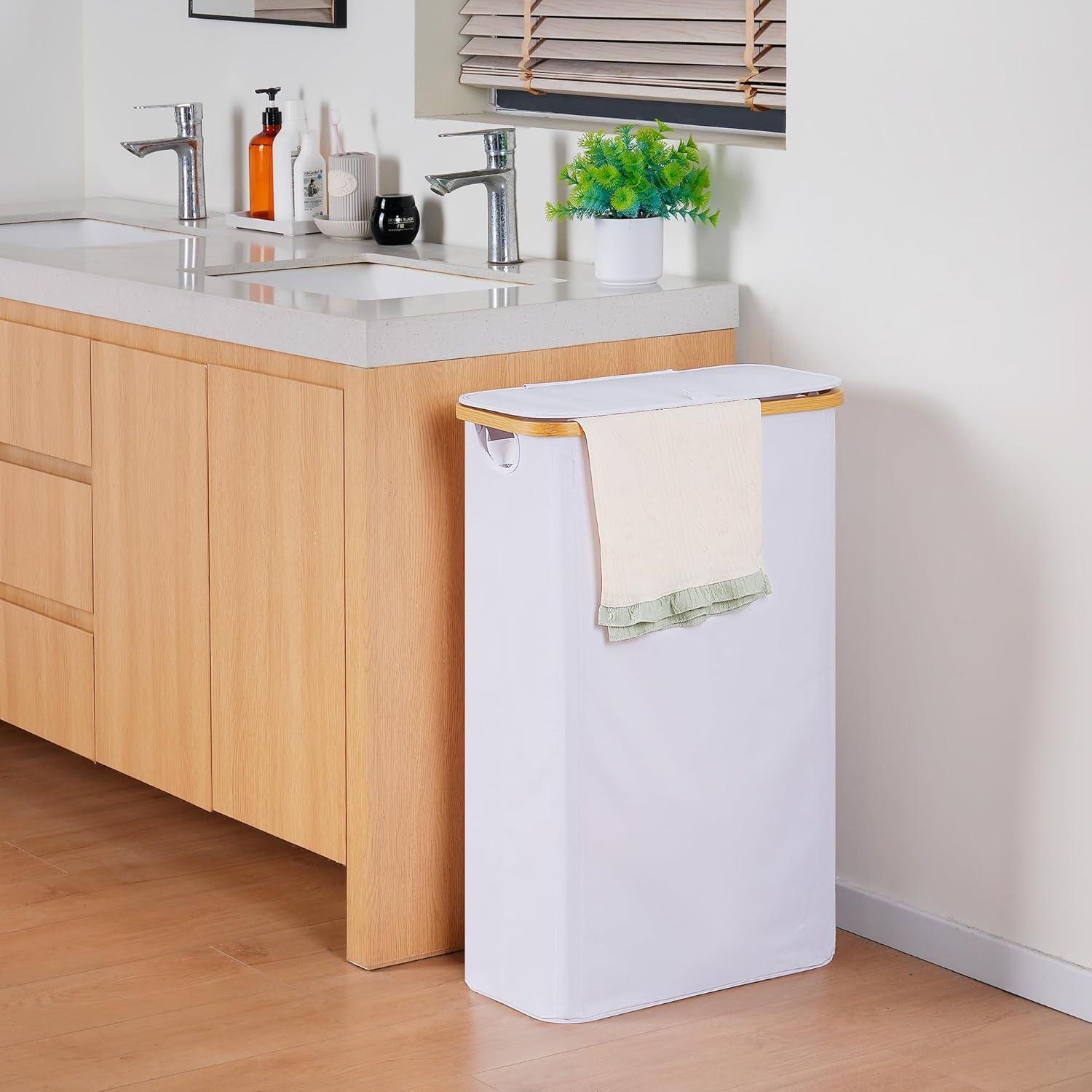 imageefluky Slim Laundry Basket with Lid Narrow Laundry Hamper with Removable Bag Skinny Dirty Clothes Basket with Bamboo Handles for Bathroom Bedroom amp Laundry Room 75L PinkWhite