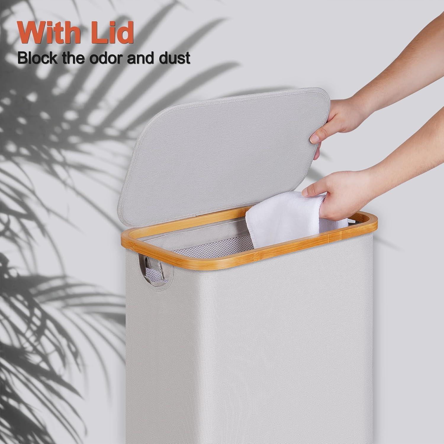 imageefluky Slim Laundry Basket with Lid Narrow Laundry Hamper with Removable Bag Skinny Dirty Clothes Basket with Bamboo Handles for Bathroom Bedroom amp Laundry Room 75L PinkLight Grey