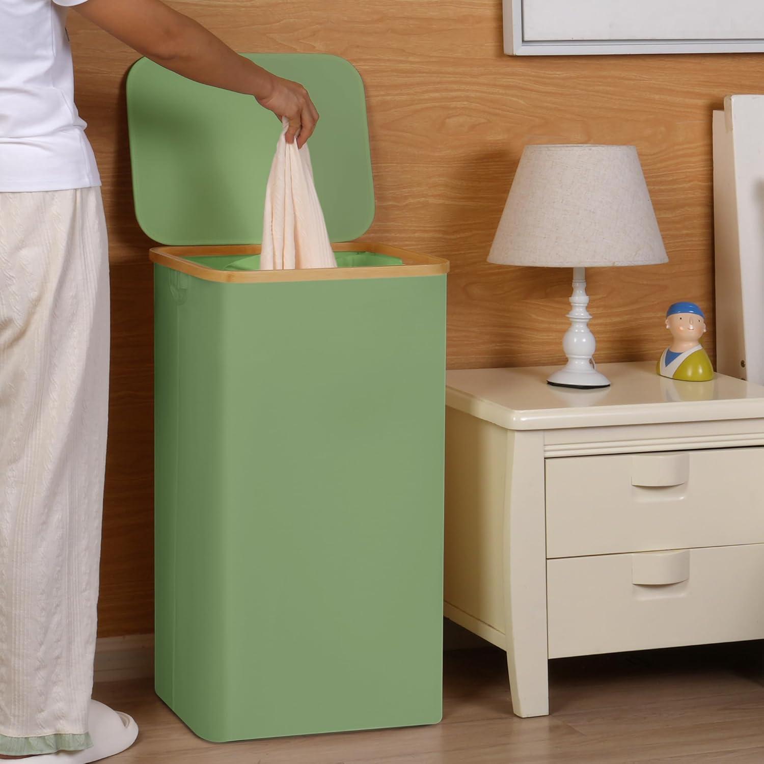 imageefluky Slim Laundry Basket with Lid Narrow Laundry Hamper with Removable Bag Skinny Dirty Clothes Basket with Bamboo Handles for Bathroom Bedroom amp Laundry Room 75L PinkGreen