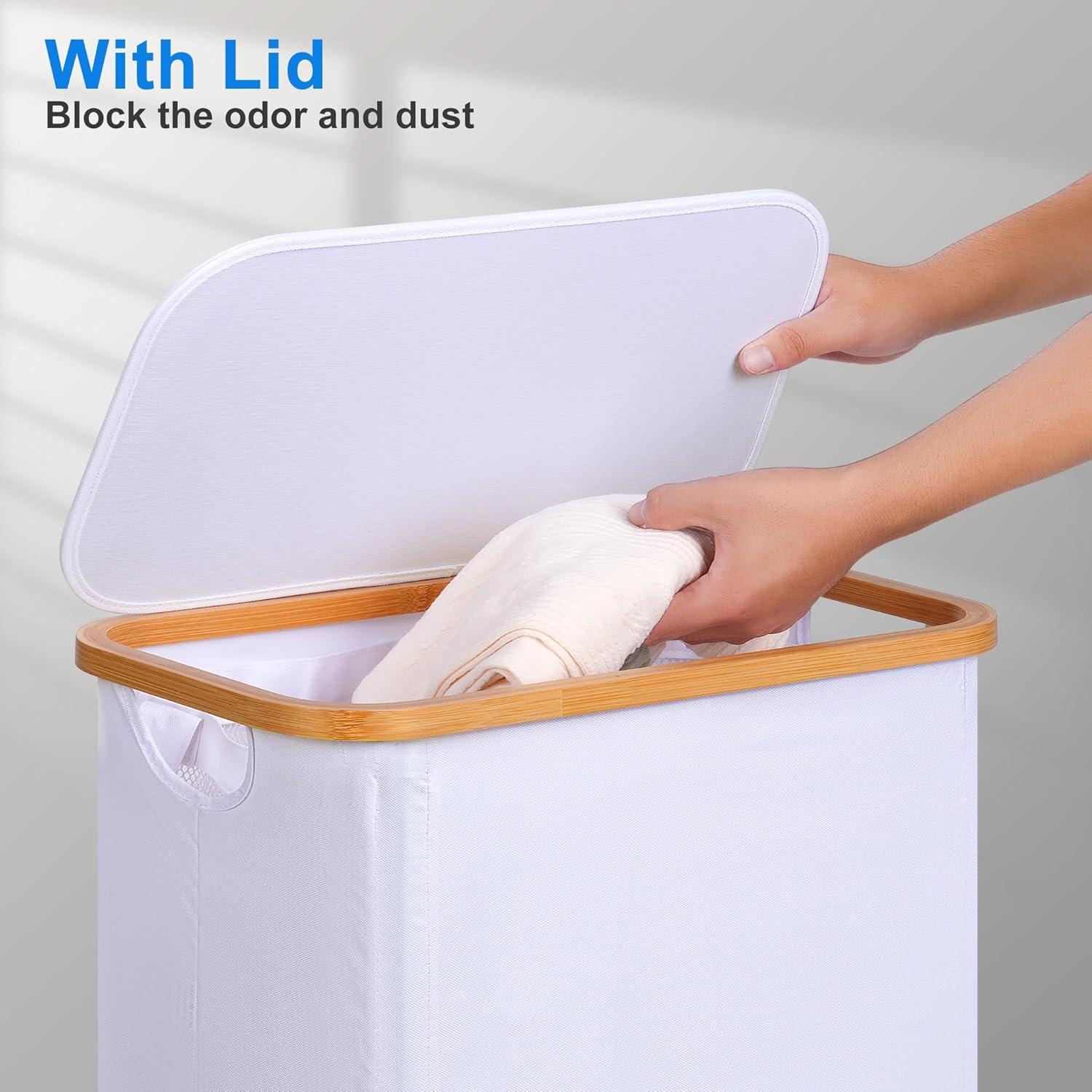 imageefluky Slim Laundry Basket with Lid Narrow Laundry Hamper with Removable Bag Skinny Dirty Clothes Basket with Bamboo Handles for Bathroom Bedroom amp Laundry Room 75L PinkWhite