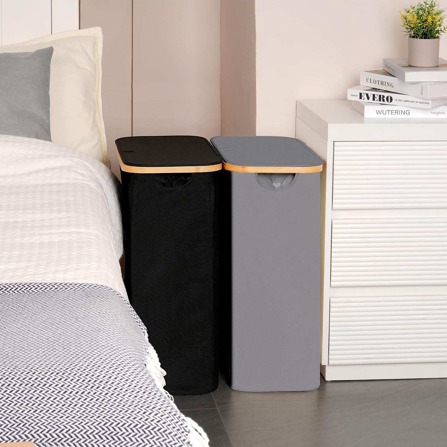 imageefluky Slim Laundry Basket with Lid Narrow Laundry Hamper with Removable Bag Skinny Dirty Clothes Basket with Bamboo Handles for Bathroom Bedroom amp Laundry Room 75L PinkGrey
