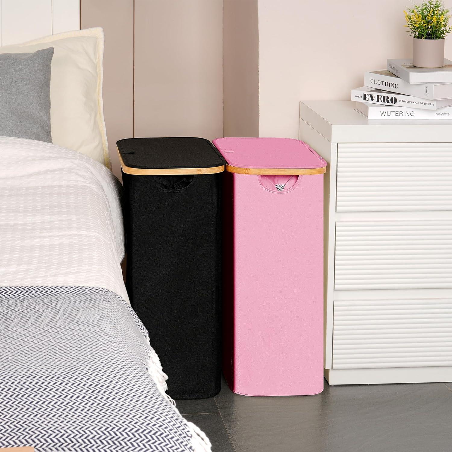 imageefluky Slim Laundry Basket with Lid Narrow Laundry Hamper with Removable Bag Skinny Dirty Clothes Basket with Bamboo Handles for Bathroom Bedroom amp Laundry Room 75L PinkPink
