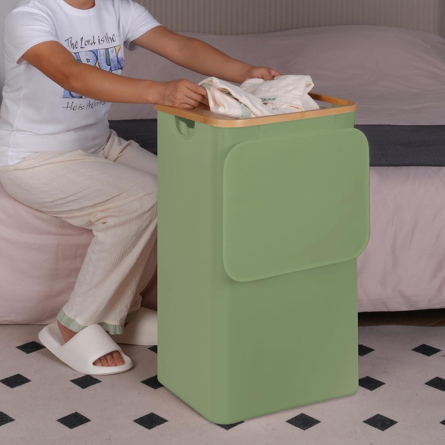 imageefluky Slim Laundry Basket with Lid Narrow Laundry Hamper with Removable Bag Skinny Dirty Clothes Basket with Bamboo Handles for Bathroom Bedroom amp Laundry Room 75L PinkGreen