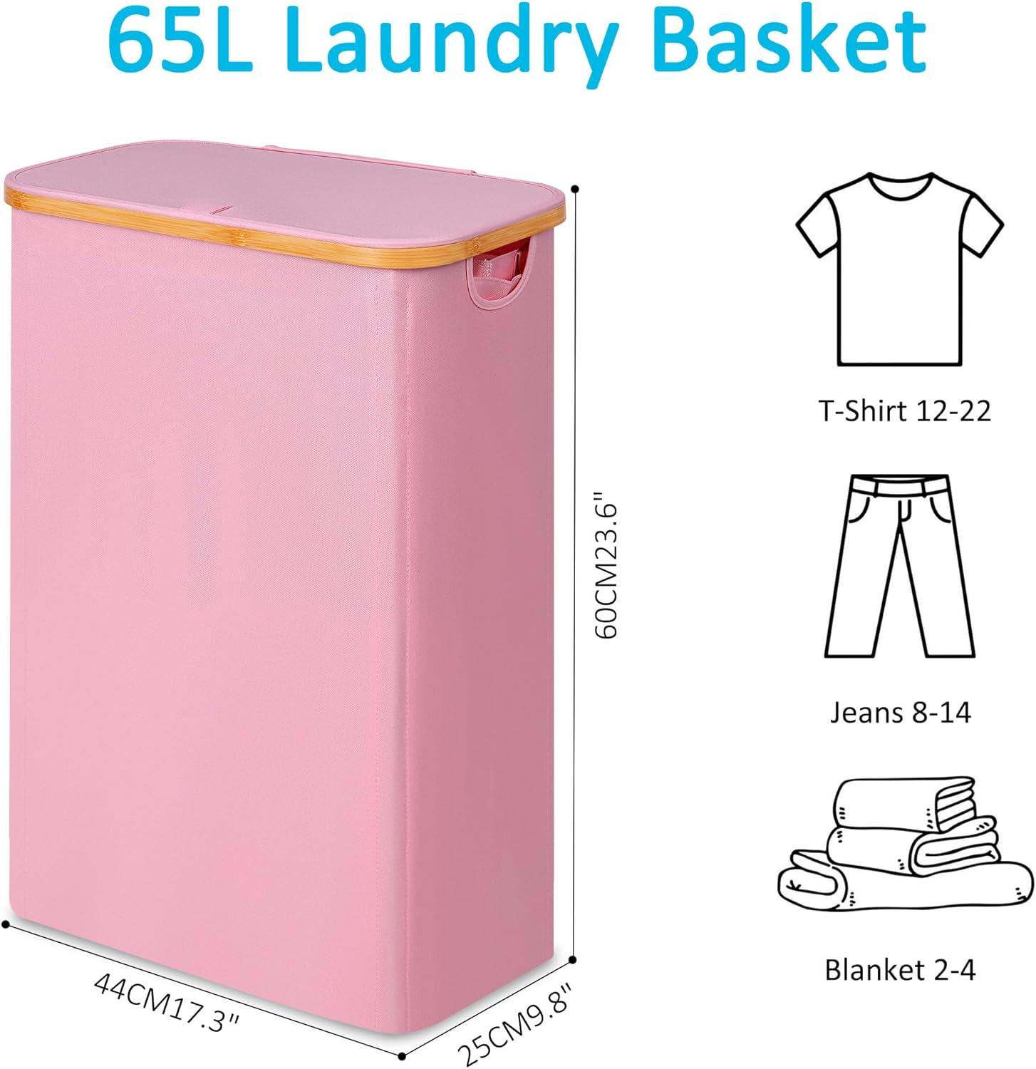 imageefluky Slim Laundry Basket with Lid Narrow Laundry Hamper with Removable Bag Skinny Dirty Clothes Basket with Bamboo Handles for Bathroom Bedroom amp Laundry Room 75L PinkPink