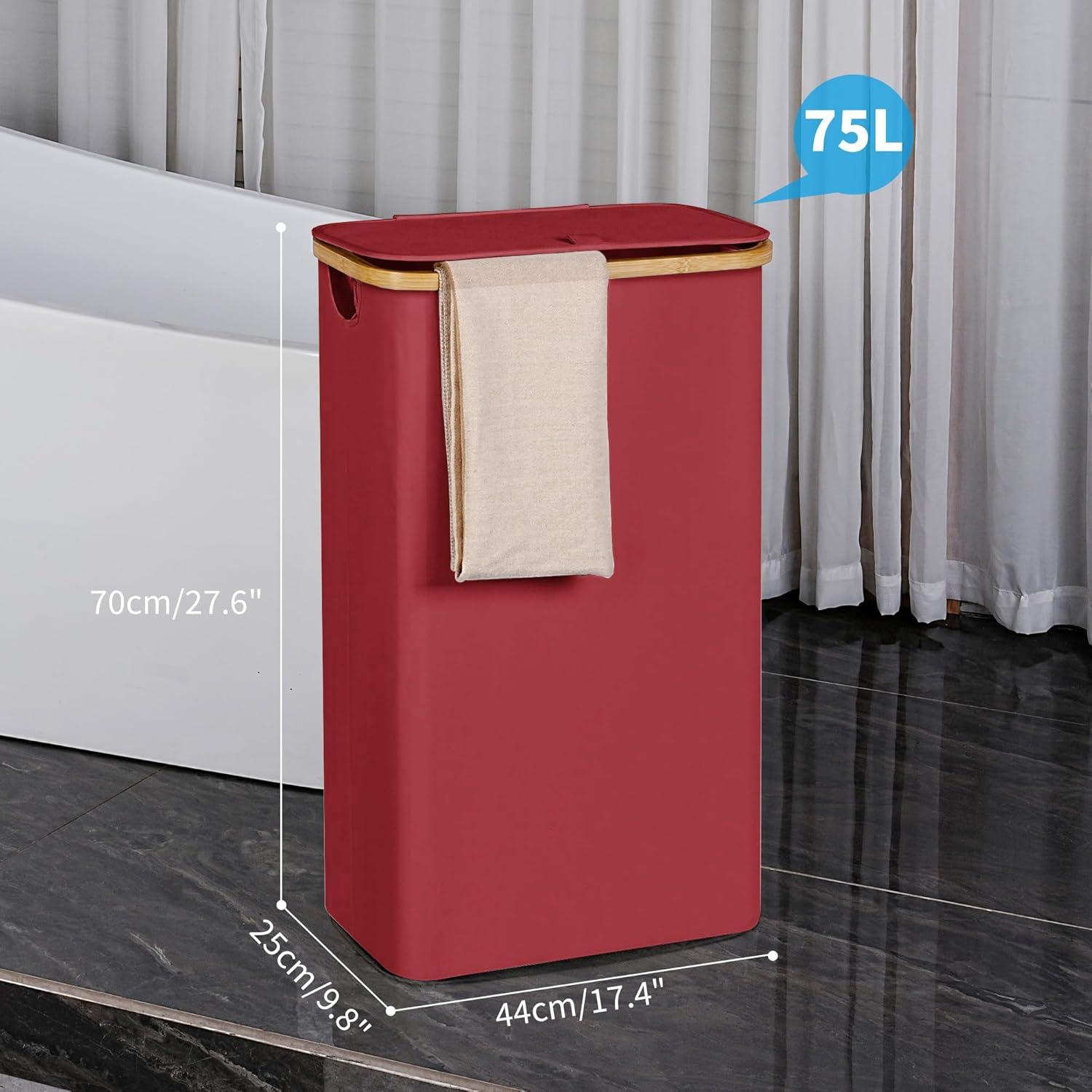 imageefluky Slim Laundry Basket with Lid Narrow Laundry Hamper with Removable Bag Skinny Dirty Clothes Basket with Bamboo Handles for Bathroom Bedroom amp Laundry Room 75L PinkBurgundy