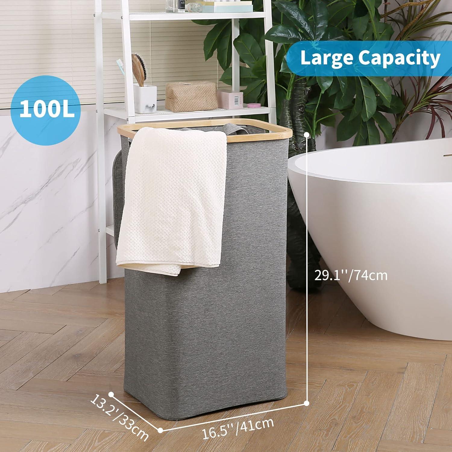 imageefluky Slim Laundry Basket with Lid Narrow Laundry Hamper with Removable Bag Skinny Dirty Clothes Basket with Bamboo Handles for Bathroom Bedroom amp Laundry Room 75L PinkGrey