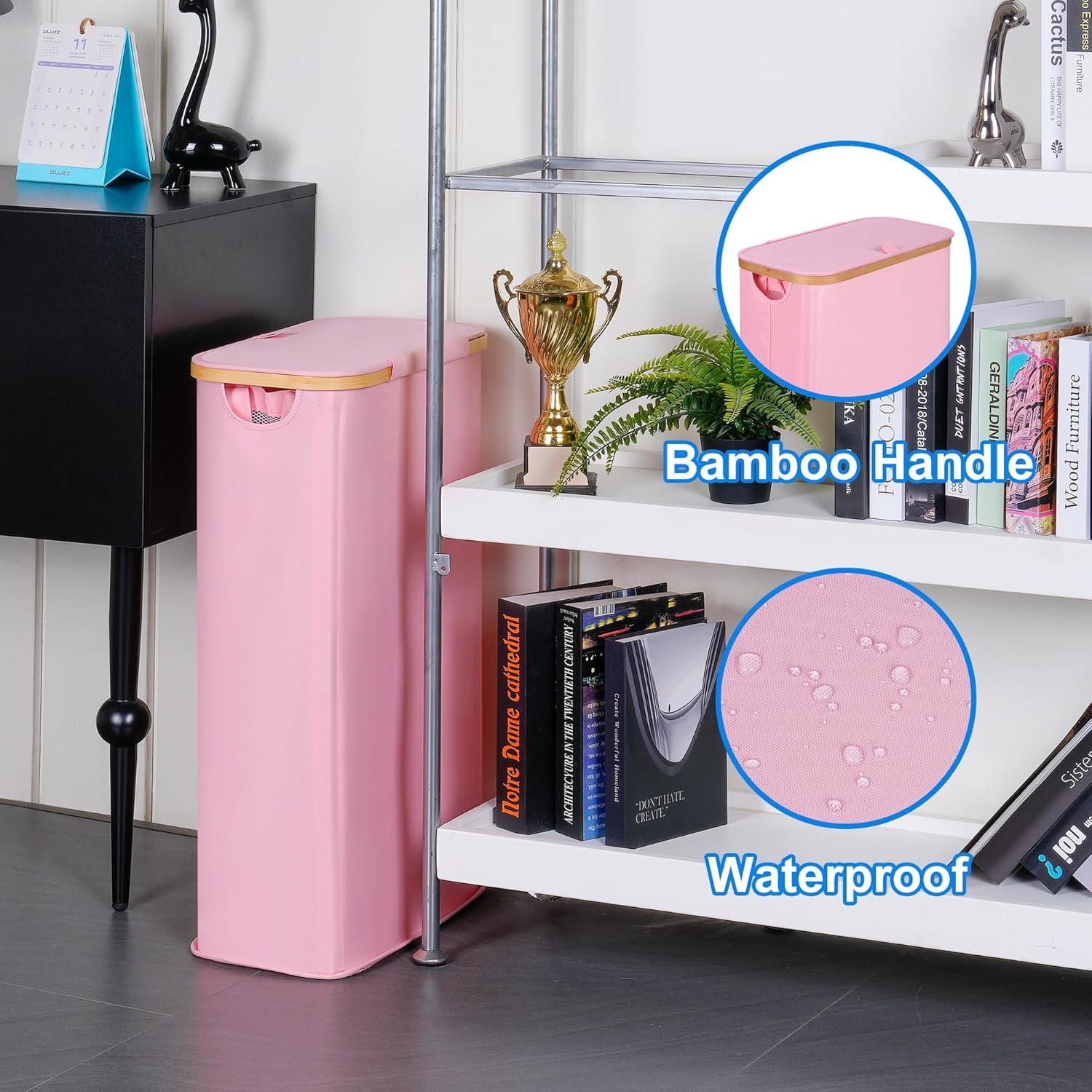 imageefluky Slim Laundry Basket with Lid Narrow Laundry Hamper with Removable Bag Skinny Dirty Clothes Basket with Bamboo Handles for Bathroom Bedroom amp Laundry Room 75L PinkPink