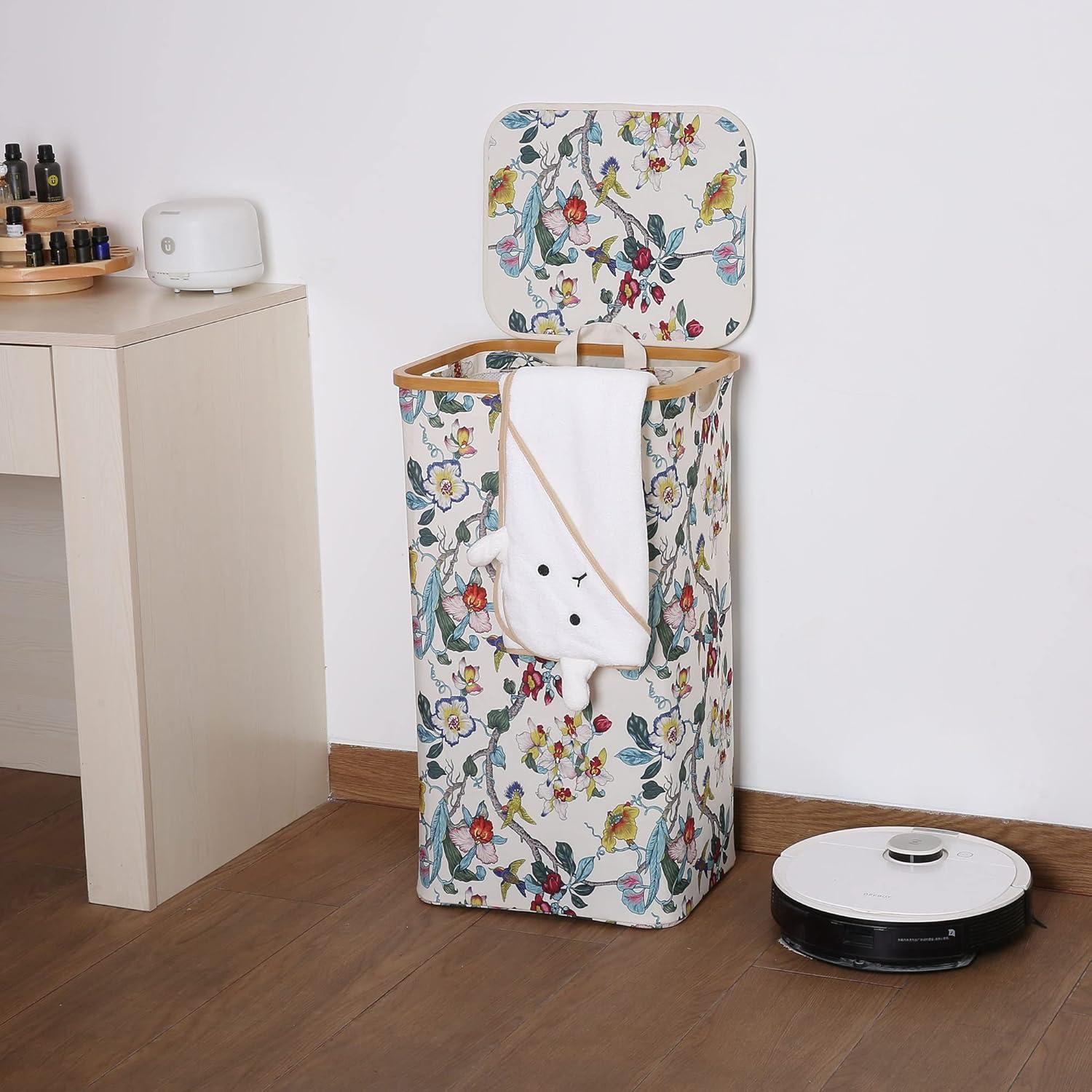 imageefluky Slim Laundry Basket with Lid Narrow Laundry Hamper with Removable Bag Skinny Dirty Clothes Basket with Bamboo Handles for Bathroom Bedroom amp Laundry Room 75L PinkFloral