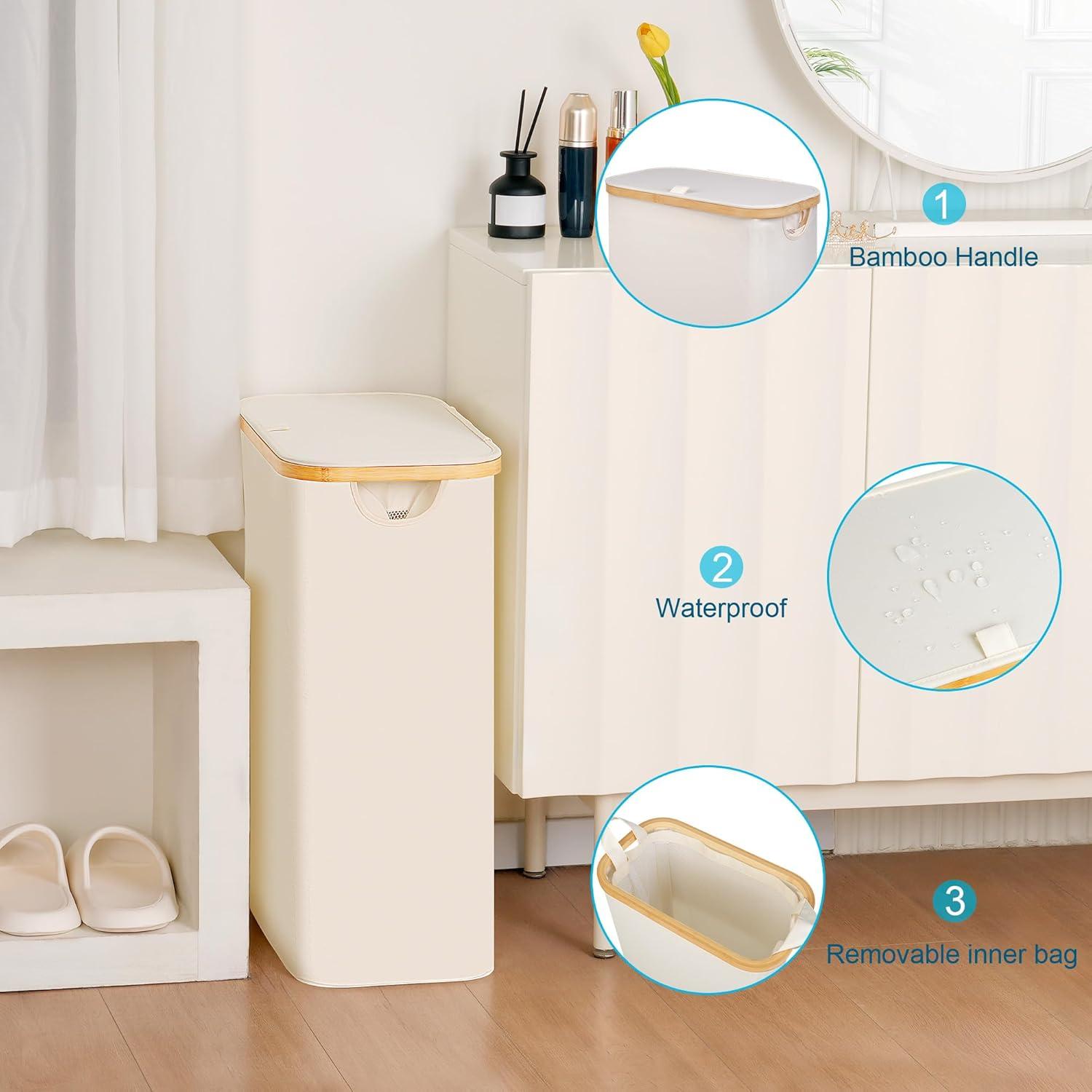 imageefluky Slim Laundry Basket with Lid Narrow Laundry Hamper with Removable Bag Skinny Dirty Clothes Basket with Bamboo Handles for Bathroom Bedroom amp Laundry Room 75L PinkBeige