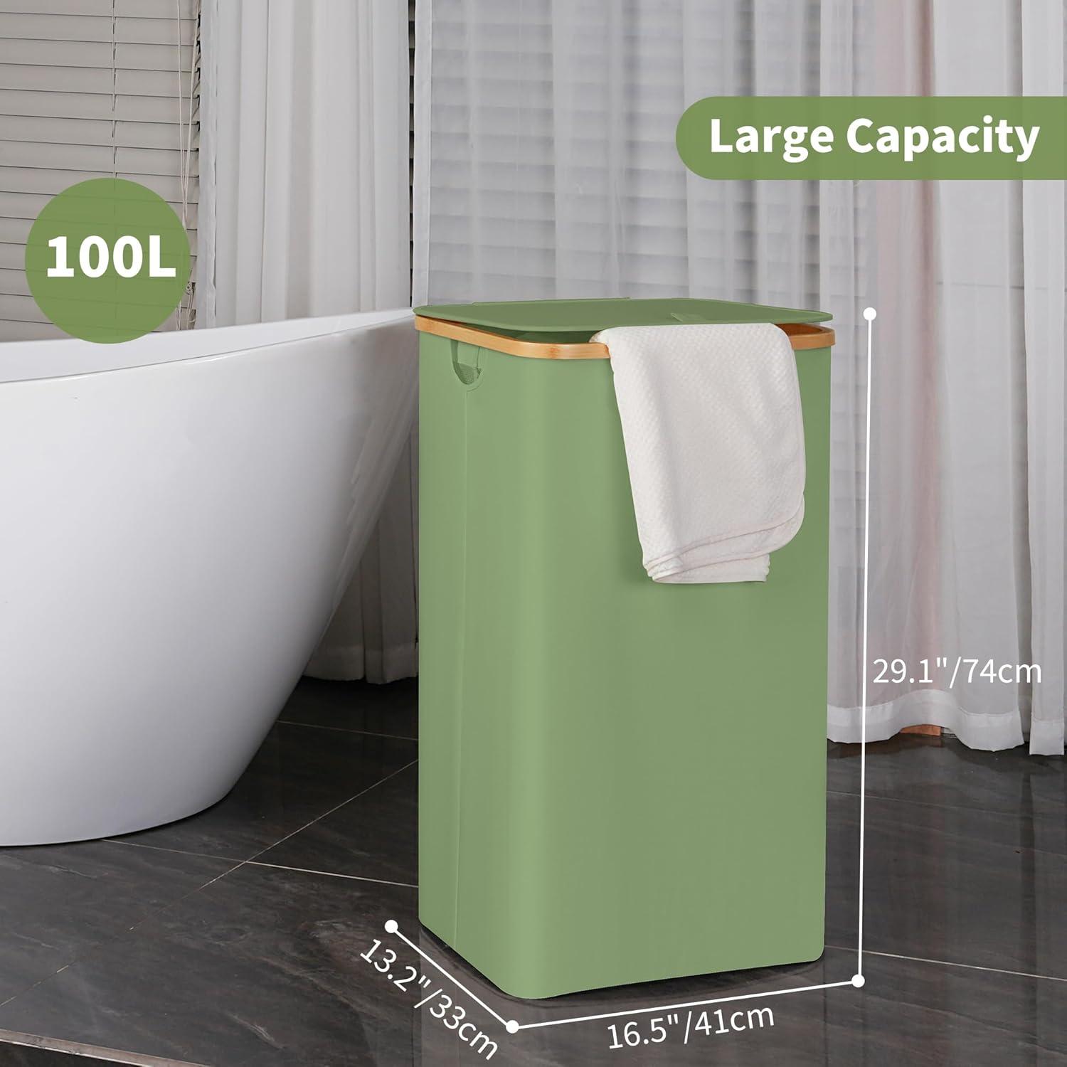 imageefluky Slim Laundry Basket with Lid Narrow Laundry Hamper with Removable Bag Skinny Dirty Clothes Basket with Bamboo Handles for Bathroom Bedroom amp Laundry Room 75L PinkGreen
