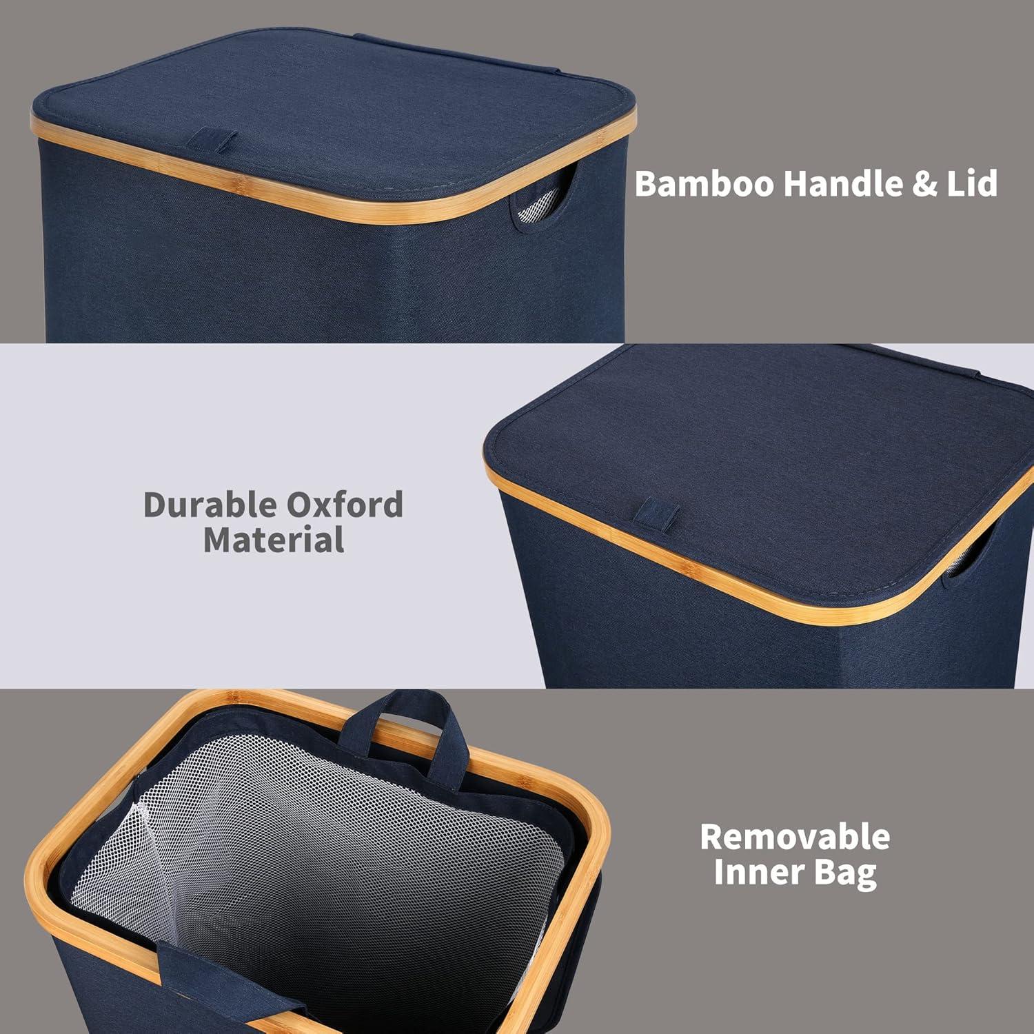 imageefluky Slim Laundry Basket with Lid Narrow Laundry Hamper with Removable Bag Skinny Dirty Clothes Basket with Bamboo Handles for Bathroom Bedroom amp Laundry Room 75L PinkBlue