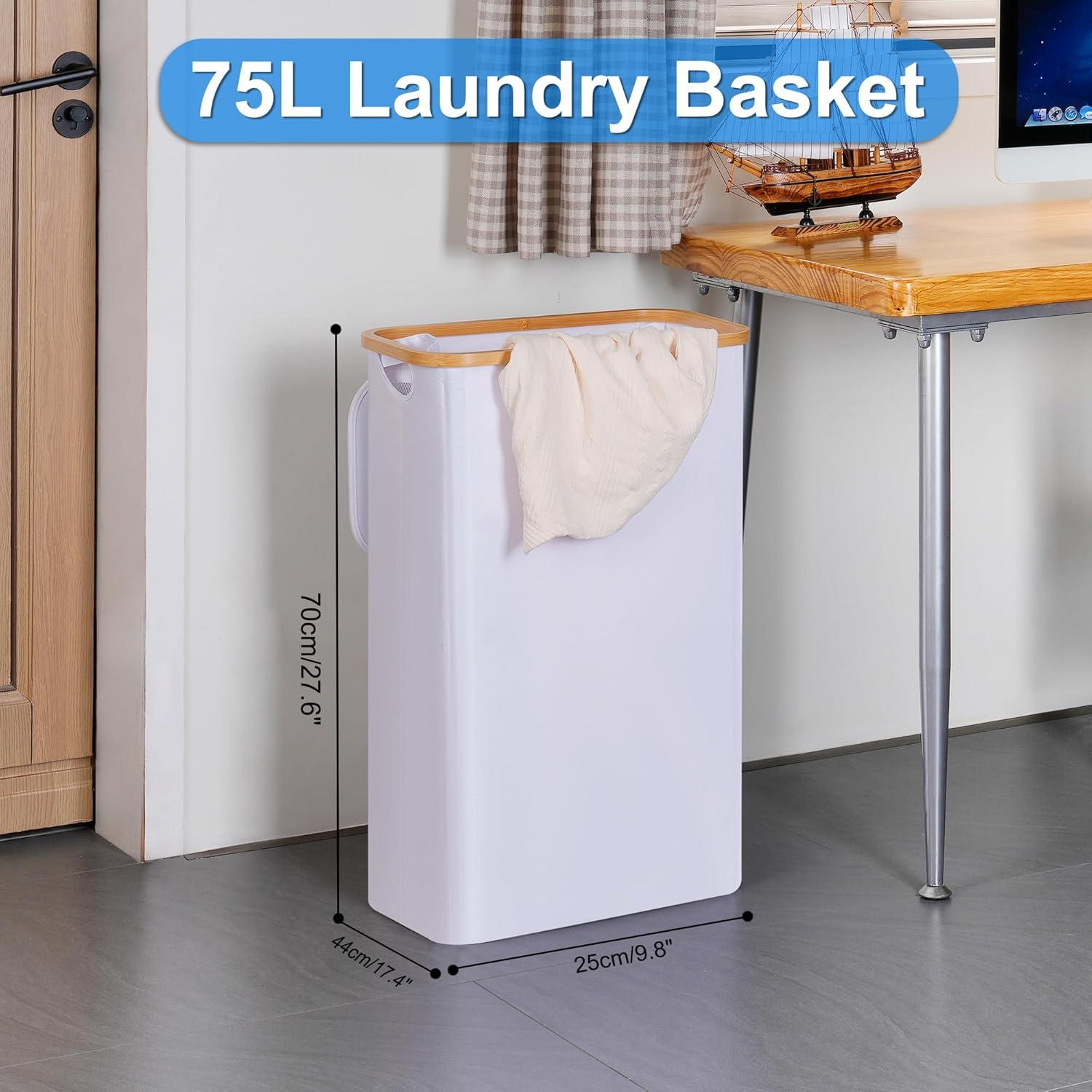 imageefluky Slim Laundry Basket with Lid Narrow Laundry Hamper with Removable Bag Skinny Dirty Clothes Basket with Bamboo Handles for Bathroom Bedroom amp Laundry Room 75L PinkWhite