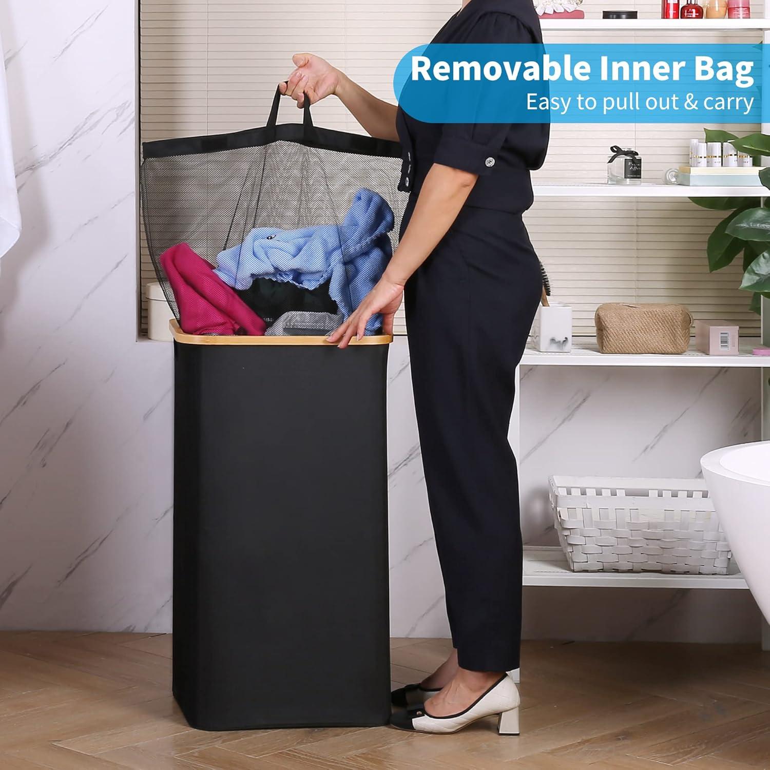 imageefluky Slim Laundry Basket with Lid Narrow Laundry Hamper with Removable Bag Skinny Dirty Clothes Basket with Bamboo Handles for Bathroom Bedroom amp Laundry Room 75L PinkBlack