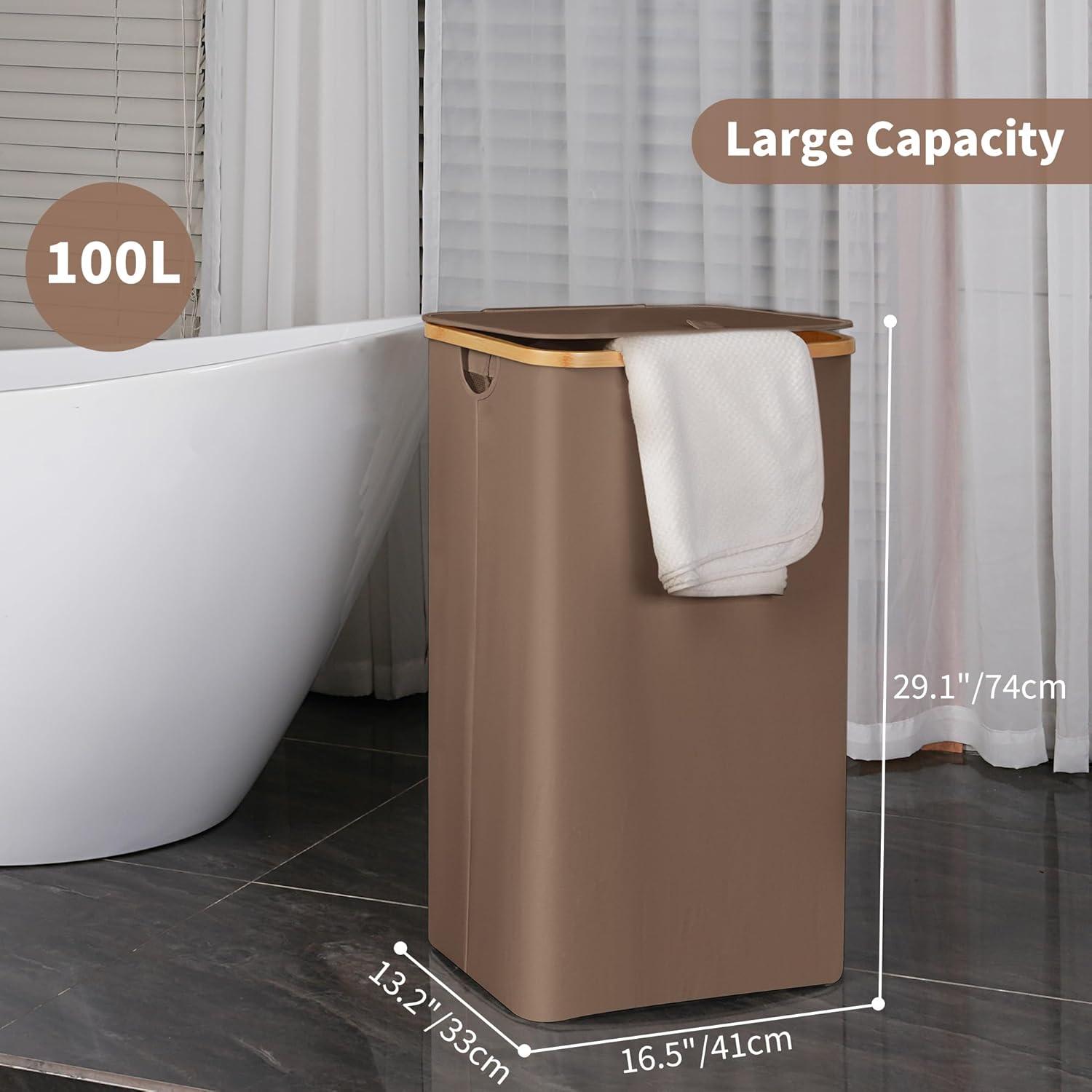 imageefluky Slim Laundry Basket with Lid Narrow Laundry Hamper with Removable Bag Skinny Dirty Clothes Basket with Bamboo Handles for Bathroom Bedroom amp Laundry Room 75L PinkBrown