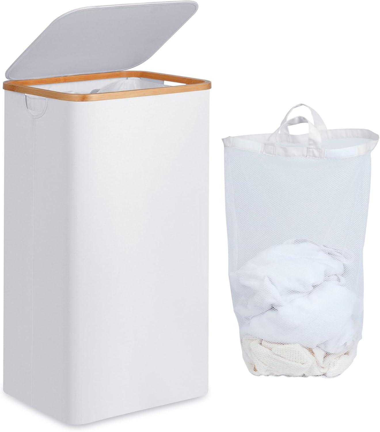 imageefluky Slim Laundry Basket with Lid Narrow Laundry Hamper with Removable Bag Skinny Dirty Clothes Basket with Bamboo Handles for Bathroom Bedroom amp Laundry Room 75L PinkWhite