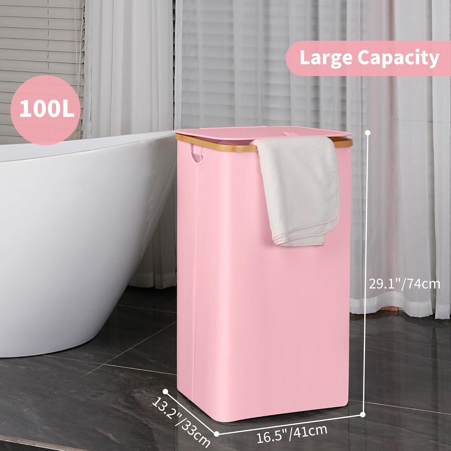 imageefluky Slim Laundry Basket with Lid Narrow Laundry Hamper with Removable Bag Skinny Dirty Clothes Basket with Bamboo Handles for Bathroom Bedroom amp Laundry Room 75L PinkPastel
