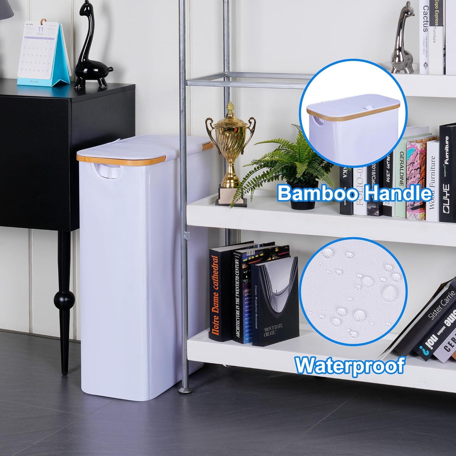 imageefluky Slim Laundry Basket with Lid Narrow Laundry Hamper with Removable Bag Skinny Dirty Clothes Basket with Bamboo Handles for Bathroom Bedroom amp Laundry Room 75L PinkWhite