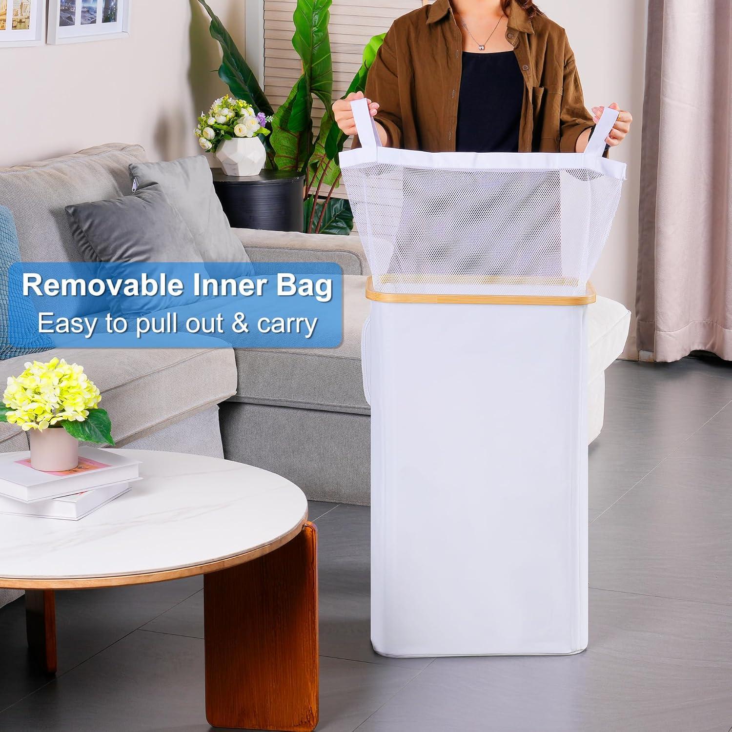 imageefluky Slim Laundry Basket with Lid Narrow Laundry Hamper with Removable Bag Skinny Dirty Clothes Basket with Bamboo Handles for Bathroom Bedroom amp Laundry Room 75L PinkWhite