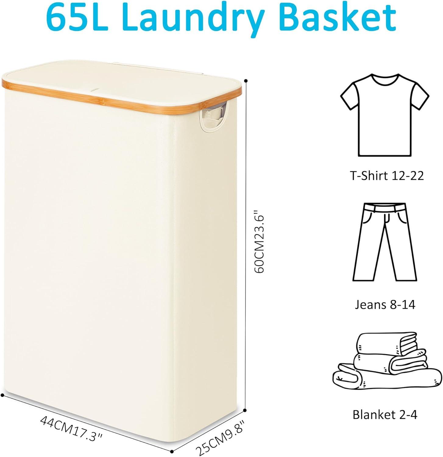 imageefluky Slim Laundry Basket with Lid Narrow Laundry Hamper with Removable Bag Skinny Dirty Clothes Basket with Bamboo Handles for Bathroom Bedroom amp Laundry Room 75L PinkBeige