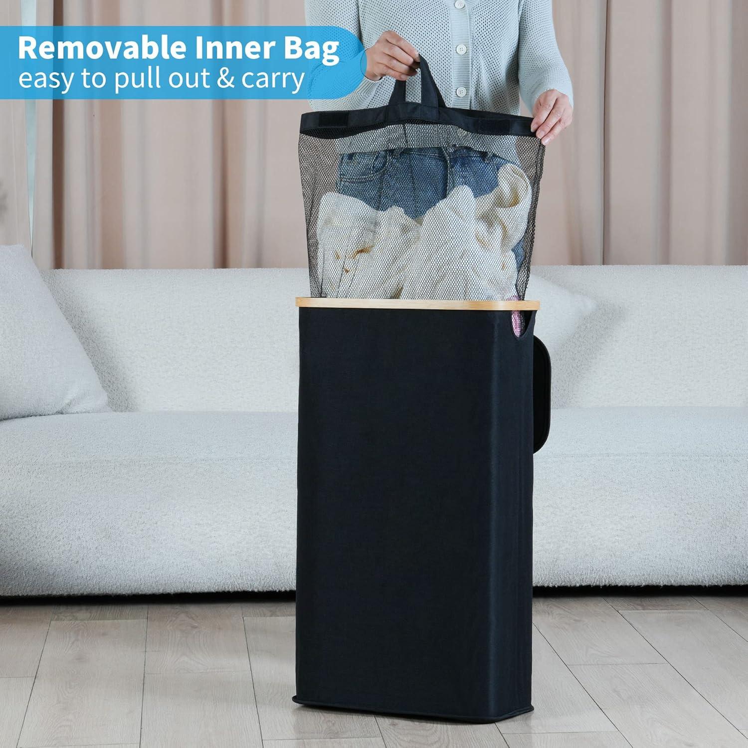 imageefluky Slim Laundry Basket with Lid Narrow Laundry Hamper with Removable Bag Skinny Dirty Clothes Basket with Bamboo Handles for Bathroom Bedroom amp Laundry Room 75L PinkBlack