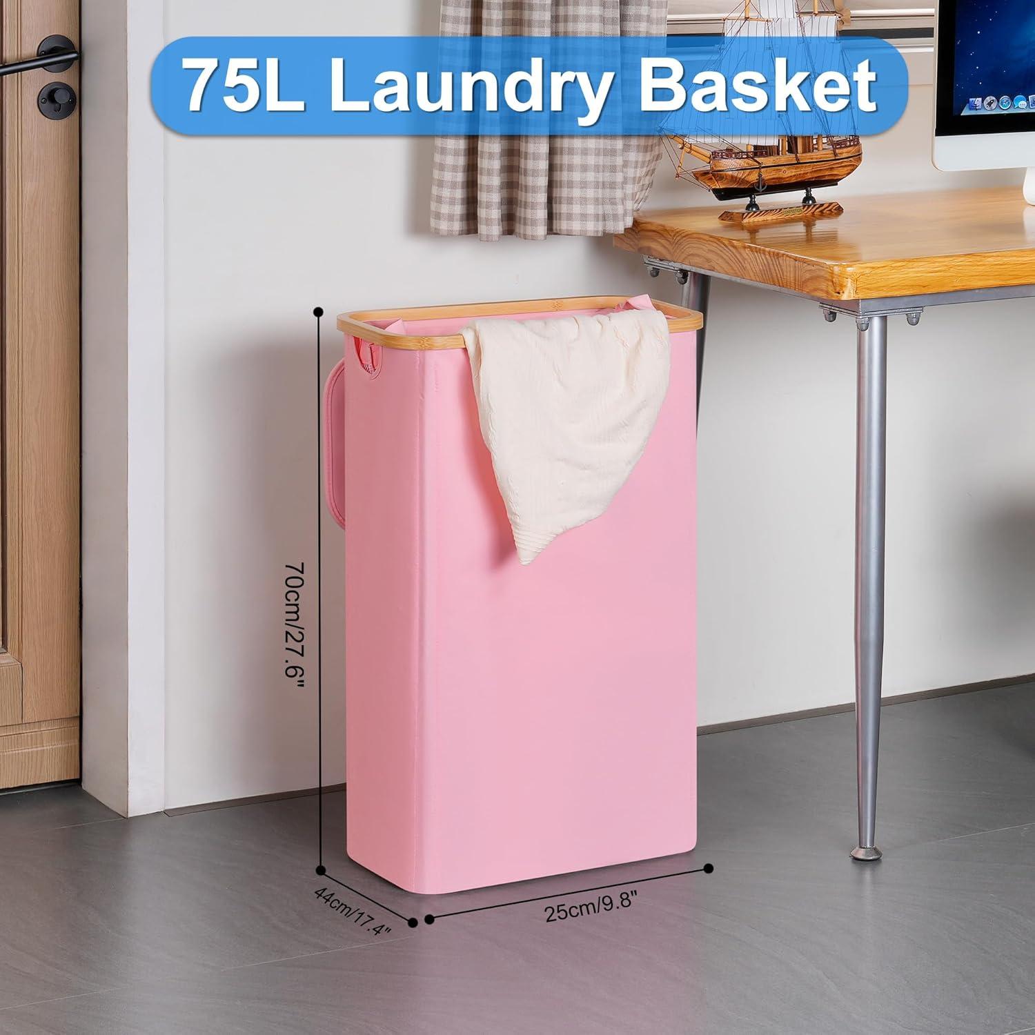 imageefluky Slim Laundry Basket with Lid Narrow Laundry Hamper with Removable Bag Skinny Dirty Clothes Basket with Bamboo Handles for Bathroom Bedroom amp Laundry Room 75L PinkPink