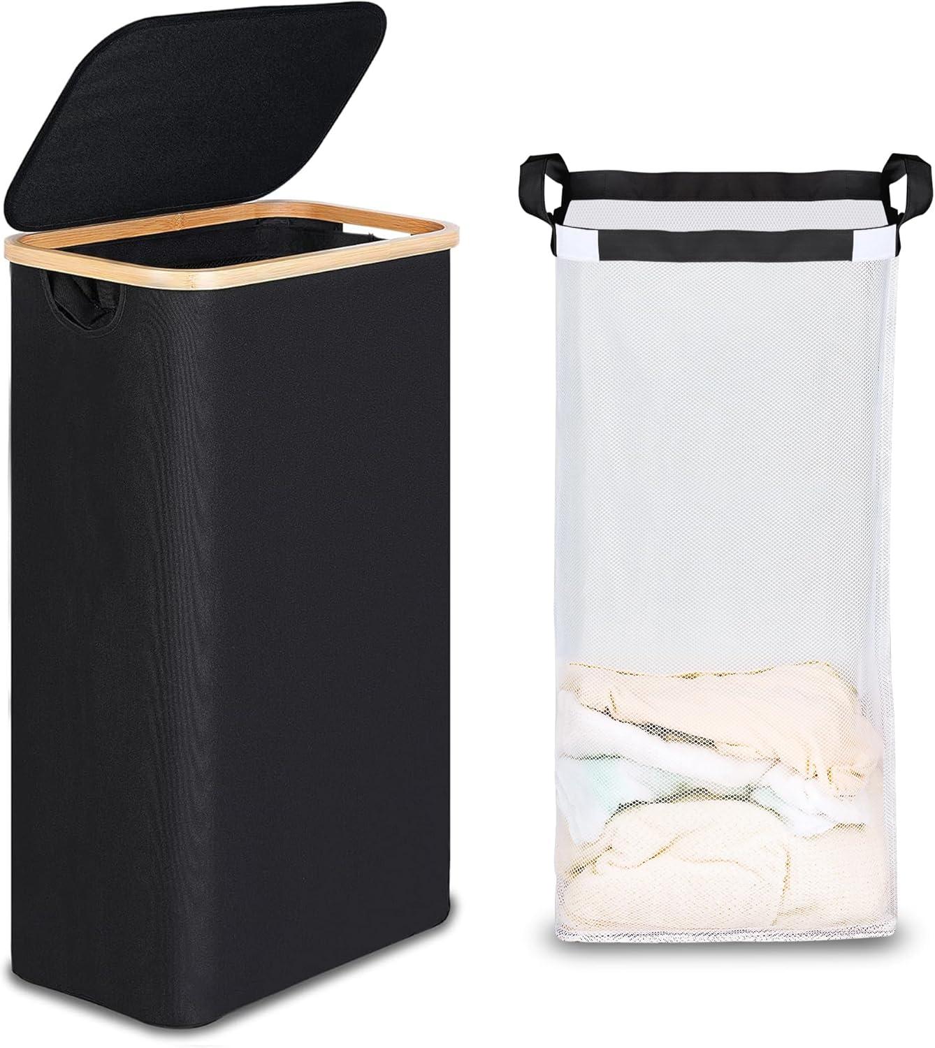imageefluky Slim Laundry Basket with Lid Narrow Laundry Hamper with Removable Bag Skinny Dirty Clothes Basket with Bamboo Handles for Bathroom Bedroom amp Laundry Room 75L PinkBlack