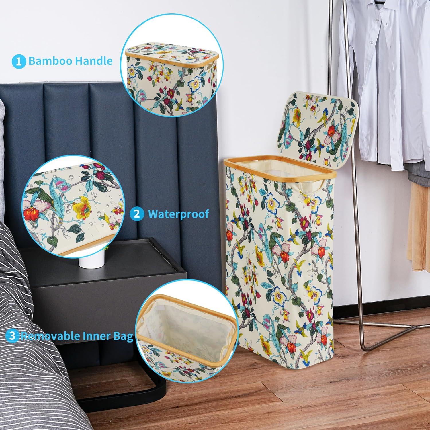 imageefluky Slim Laundry Basket with Lid Narrow Laundry Hamper with Removable Bag Skinny Dirty Clothes Basket with Bamboo Handles for Bathroom Bedroom amp Laundry Room 75L PinkFloral