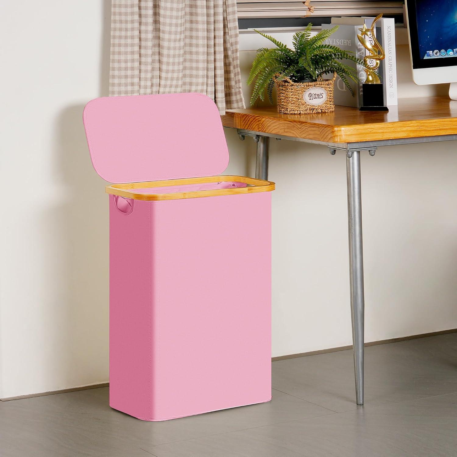 imageefluky Slim Laundry Basket with Lid Narrow Laundry Hamper with Removable Bag Skinny Dirty Clothes Basket with Bamboo Handles for Bathroom Bedroom amp Laundry Room 75L PinkPink