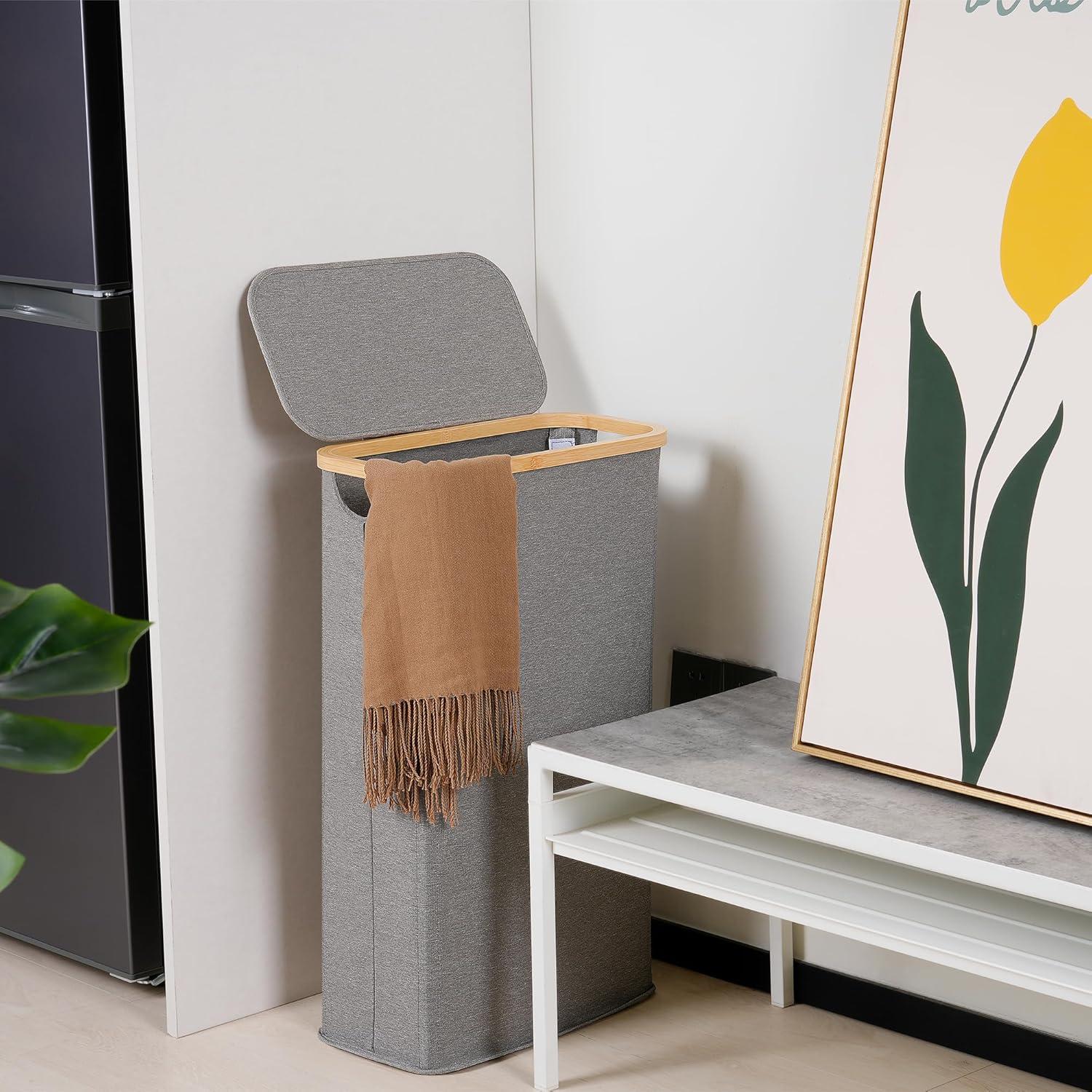 imageefluky Slim Laundry Basket with Lid Narrow Laundry Hamper with Removable Bag Skinny Dirty Clothes Basket with Bamboo Handles for Bathroom Bedroom amp Laundry Room 75L PinkGrey