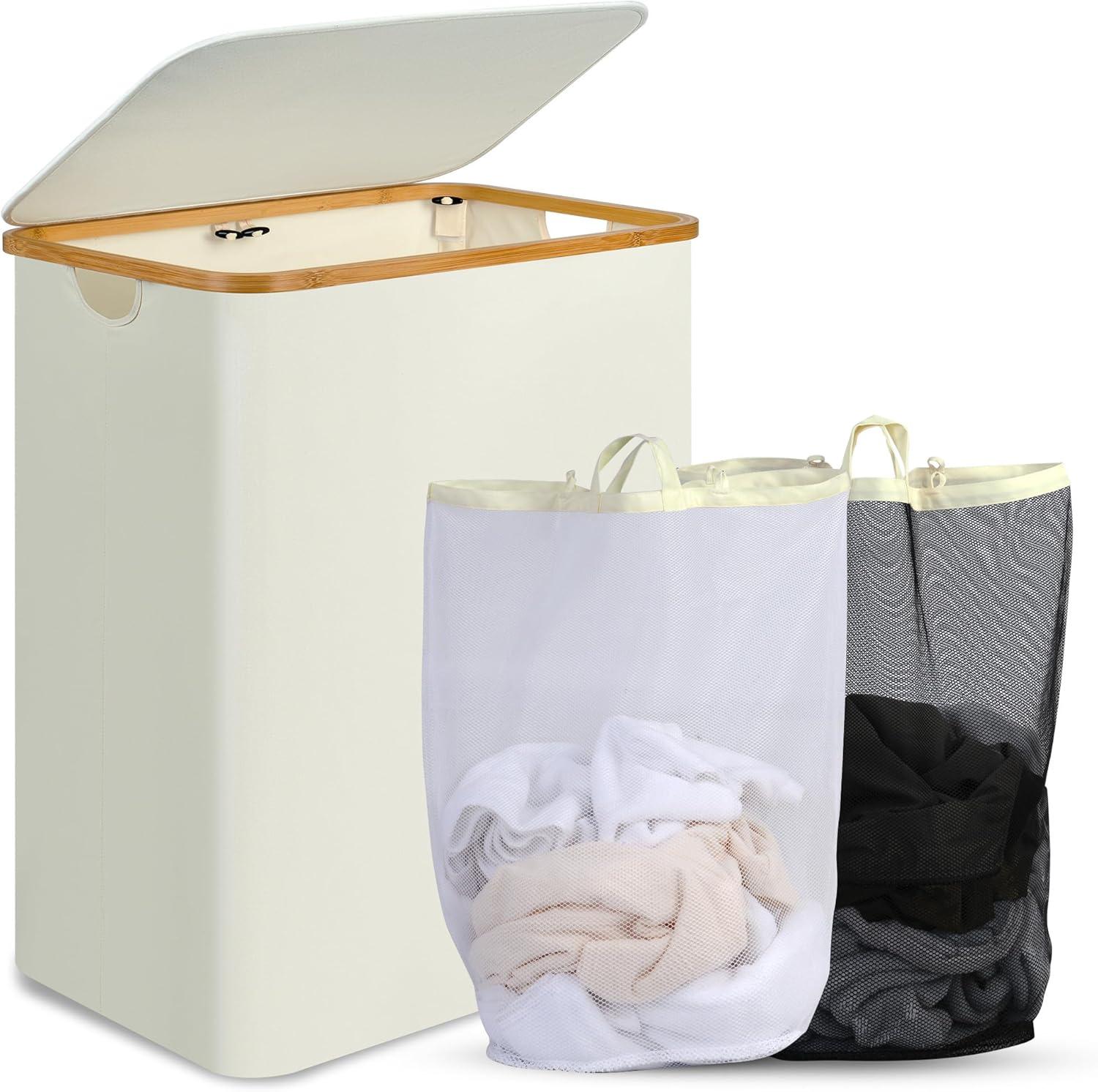 imageefluky Slim Laundry Basket with Lid Narrow Laundry Hamper with Removable Bag Skinny Dirty Clothes Basket with Bamboo Handles for Bathroom Bedroom amp Laundry Room 75L PinkBeige