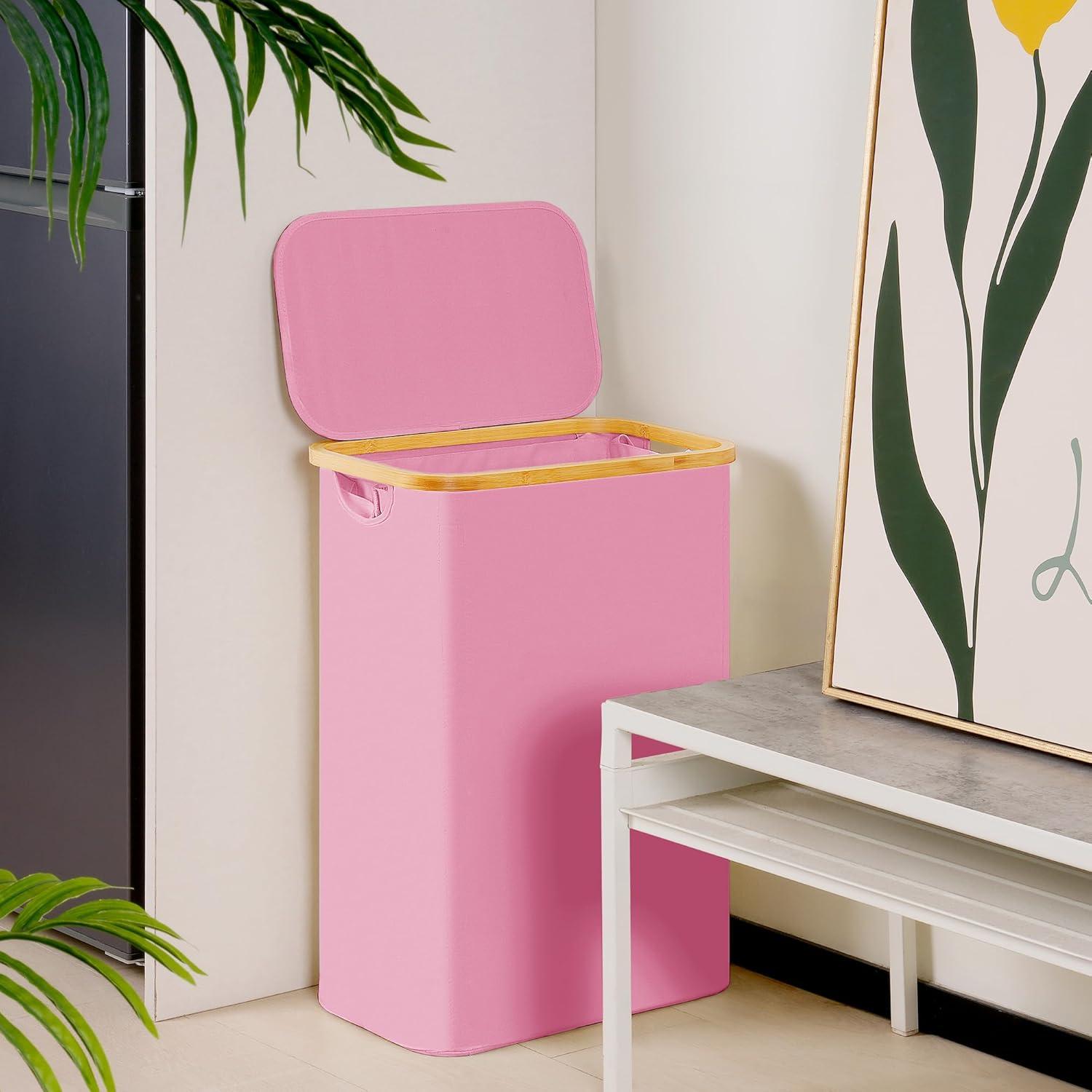 imageefluky Slim Laundry Basket with Lid Narrow Laundry Hamper with Removable Bag Skinny Dirty Clothes Basket with Bamboo Handles for Bathroom Bedroom amp Laundry Room 75L PinkPink