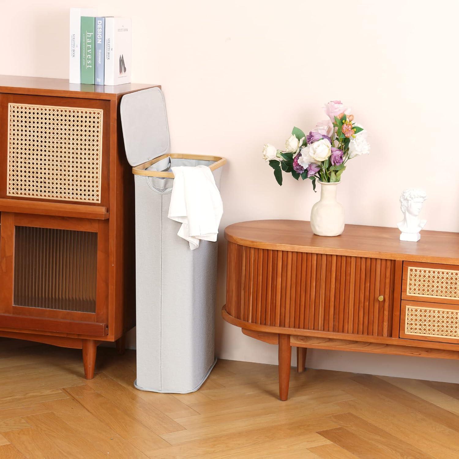 imageefluky Slim Laundry Basket with Lid Narrow Laundry Hamper with Removable Bag Skinny Dirty Clothes Basket with Bamboo Handles for Bathroom Bedroom amp Laundry Room 75L PinkLight Grey