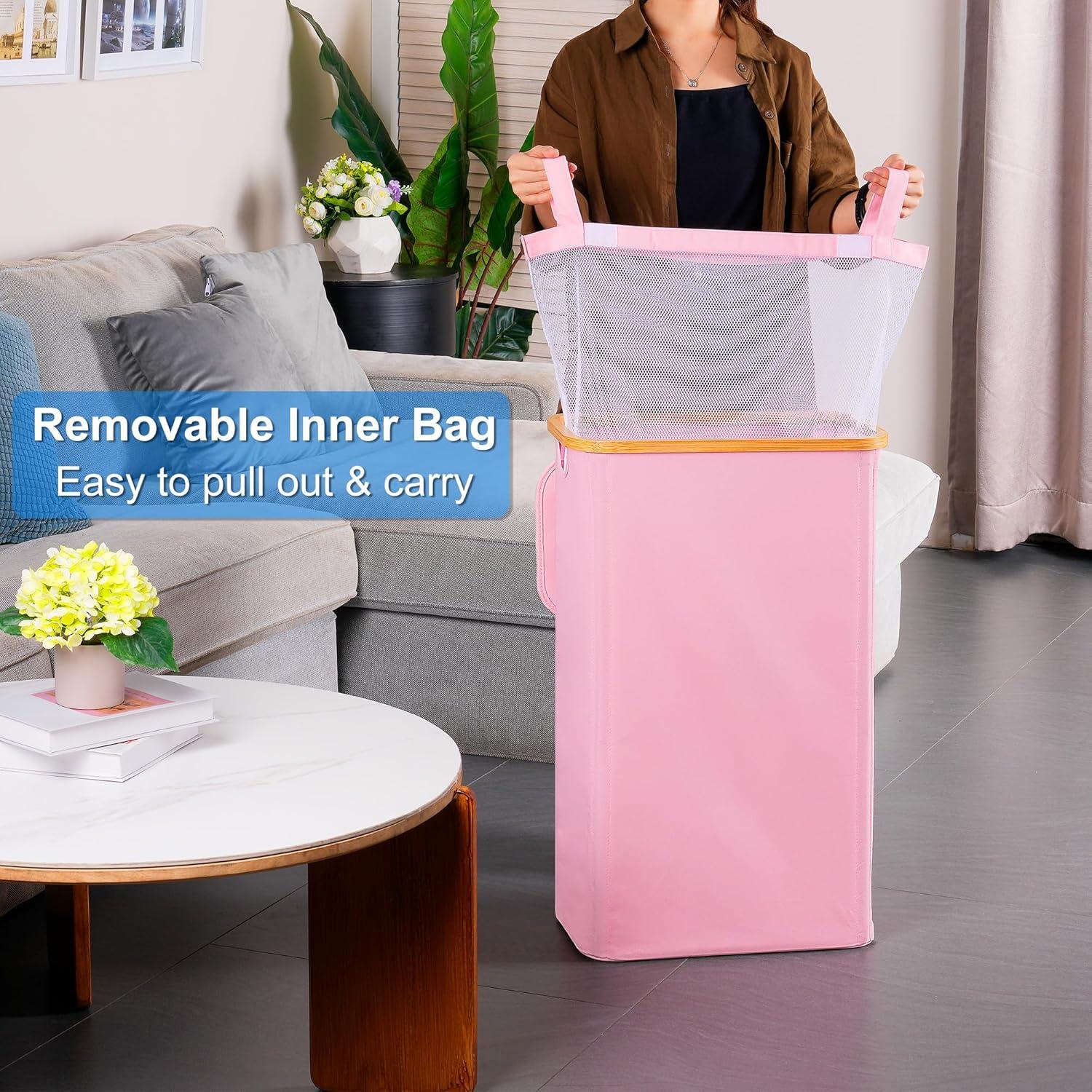 imageefluky Slim Laundry Basket with Lid Narrow Laundry Hamper with Removable Bag Skinny Dirty Clothes Basket with Bamboo Handles for Bathroom Bedroom amp Laundry Room 75L PinkPink