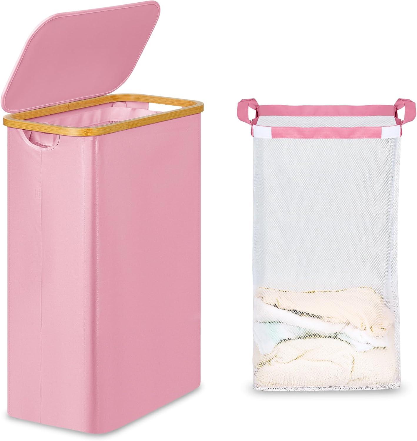 imageefluky Slim Laundry Basket with Lid Narrow Laundry Hamper with Removable Bag Skinny Dirty Clothes Basket with Bamboo Handles for Bathroom Bedroom amp Laundry Room 75L PinkPink