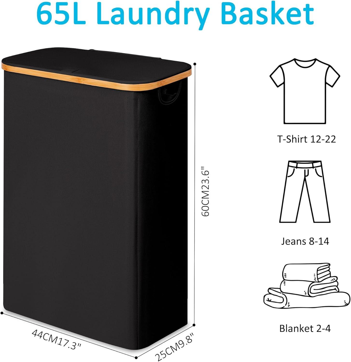 imageefluky Slim Laundry Basket with Lid Narrow Laundry Hamper with Removable Bag Skinny Dirty Clothes Basket with Bamboo Handles for Bathroom Bedroom amp Laundry Room 75L PinkBlack
