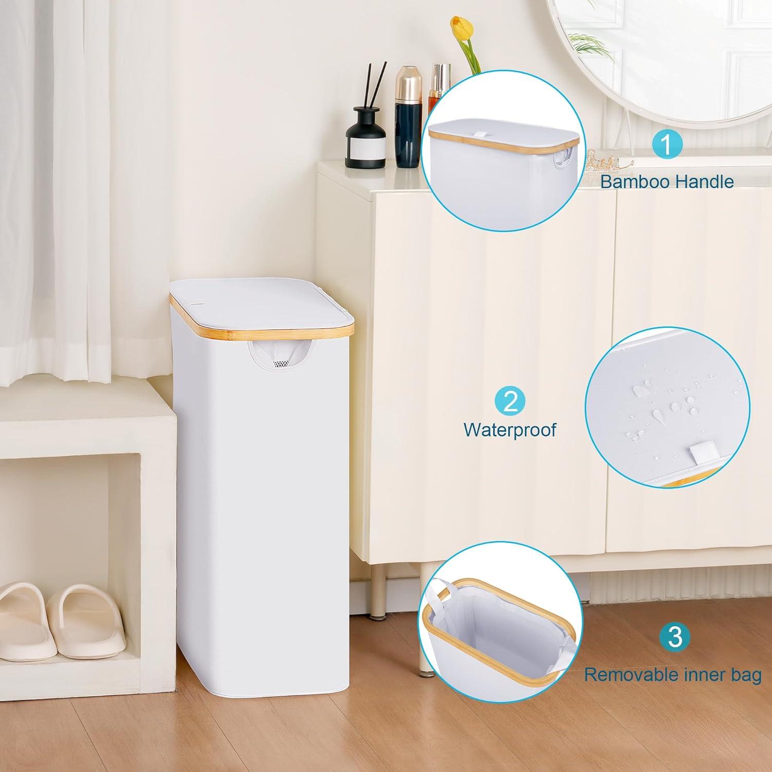 imageefluky Slim Laundry Basket with Lid Narrow Laundry Hamper with Removable Bag Skinny Dirty Clothes Basket with Bamboo Handles for Bathroom Bedroom amp Laundry Room 75L PinkWhite