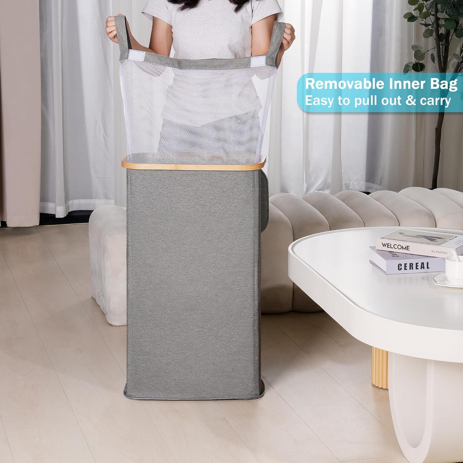 imageefluky Slim Laundry Basket with Lid Narrow Laundry Hamper with Removable Bag Skinny Dirty Clothes Basket with Bamboo Handles for Bathroom Bedroom amp Laundry Room 75L PinkGrey