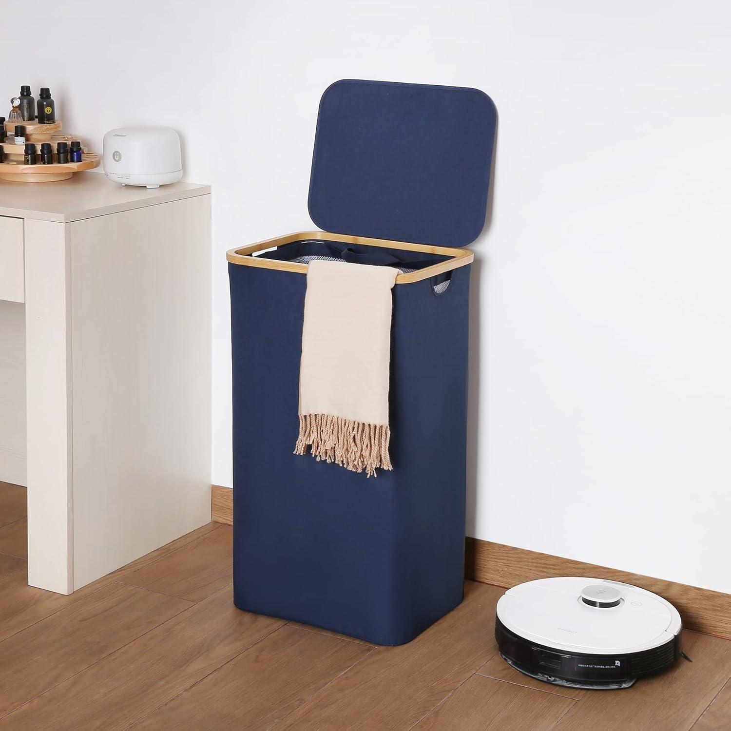 imageefluky Slim Laundry Basket with Lid Narrow Laundry Hamper with Removable Bag Skinny Dirty Clothes Basket with Bamboo Handles for Bathroom Bedroom amp Laundry Room 75L PinkBlue