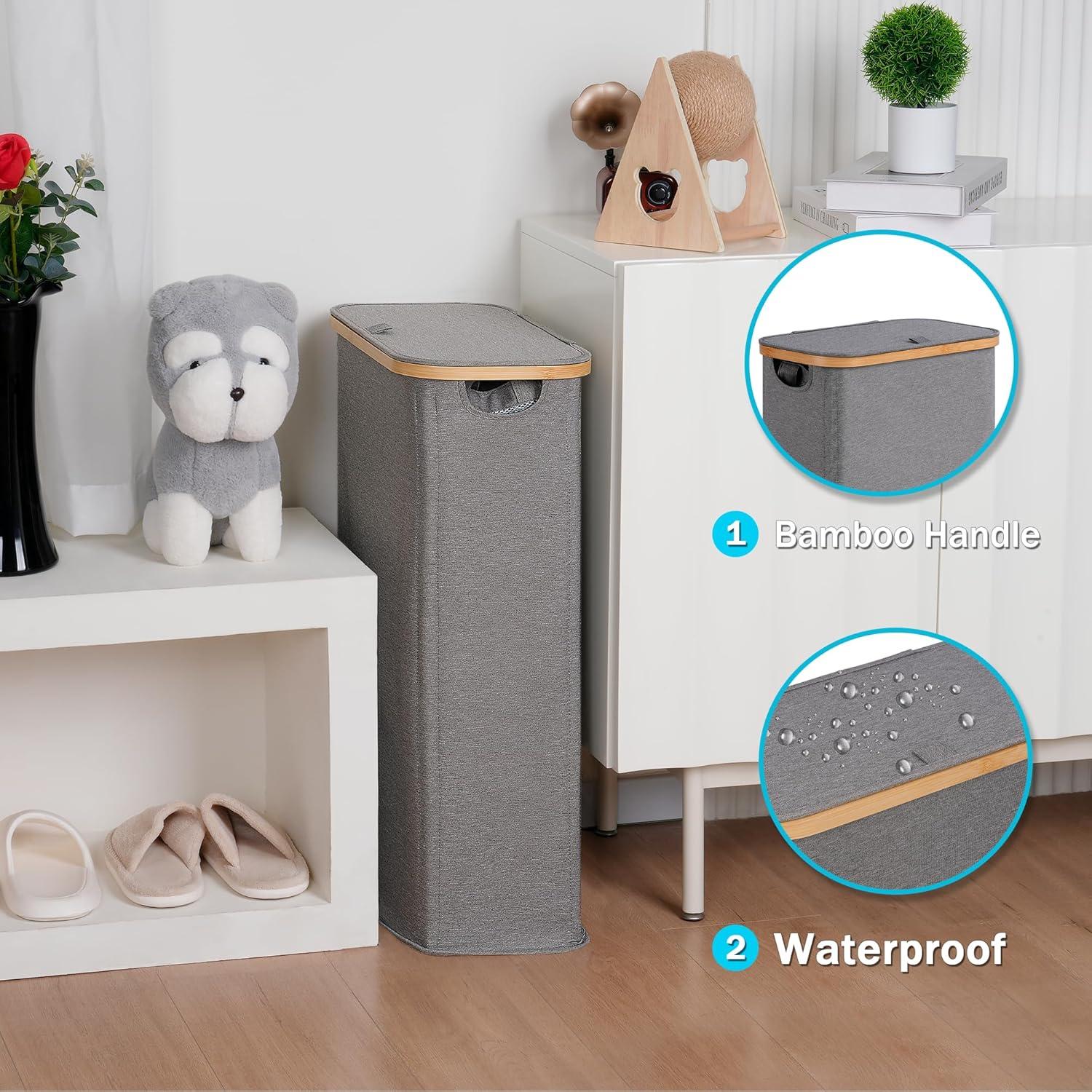 imageefluky Slim Laundry Basket with Lid Narrow Laundry Hamper with Removable Bag Skinny Dirty Clothes Basket with Bamboo Handles for Bathroom Bedroom amp Laundry Room 75L PinkGrey
