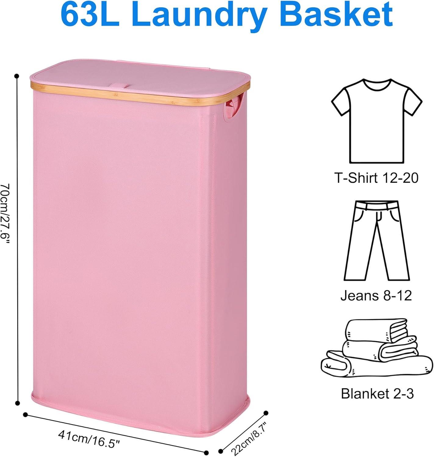 imageefluky Slim Laundry Basket with Lid Narrow Laundry Hamper with Removable Bag Skinny Dirty Clothes Basket with Bamboo Handles for Bathroom Bedroom amp Laundry Room 75L PinkPink