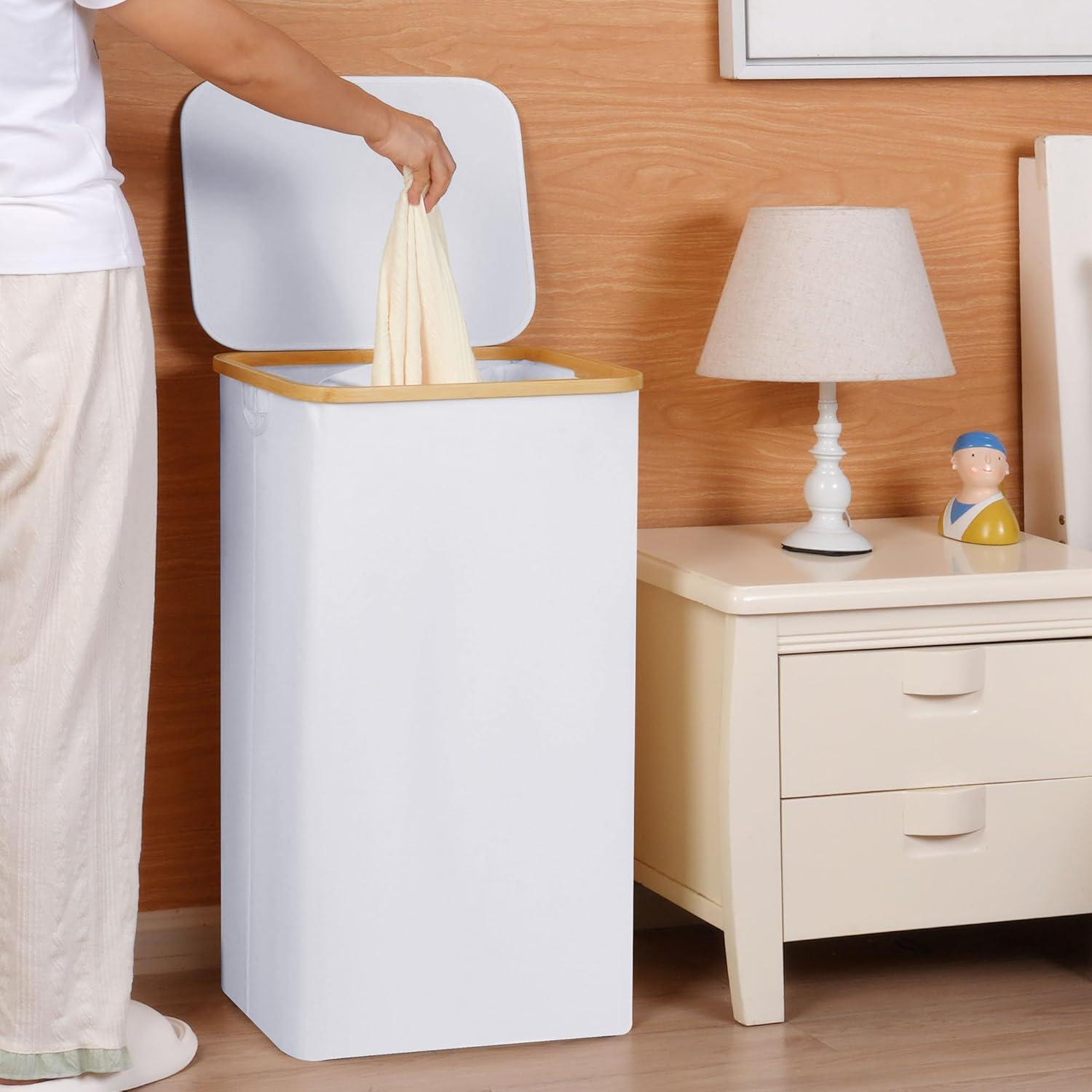 imageefluky Slim Laundry Basket with Lid Narrow Laundry Hamper with Removable Bag Skinny Dirty Clothes Basket with Bamboo Handles for Bathroom Bedroom amp Laundry Room 75L PinkWhite