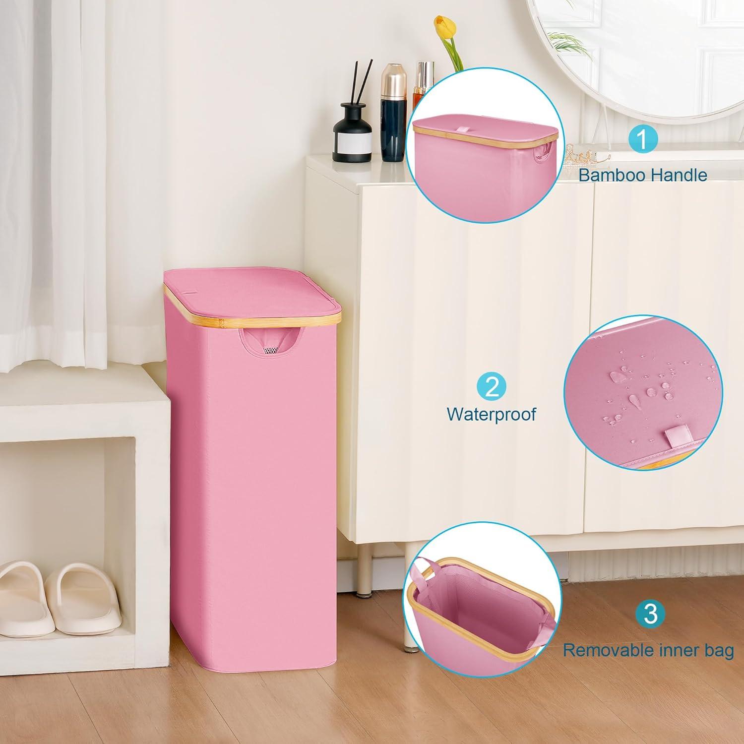 imageefluky Slim Laundry Basket with Lid Narrow Laundry Hamper with Removable Bag Skinny Dirty Clothes Basket with Bamboo Handles for Bathroom Bedroom amp Laundry Room 75L PinkPink