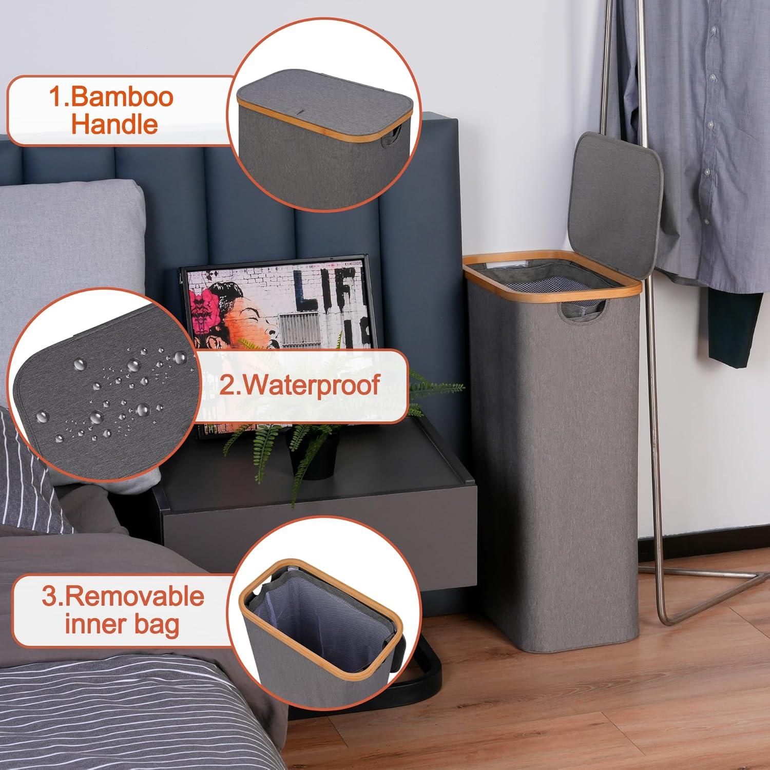 imageefluky Slim Laundry Basket with Lid Narrow Laundry Hamper with Removable Bag Skinny Dirty Clothes Basket with Bamboo Handles for Bathroom Bedroom amp Laundry Room 75L PinkGrey