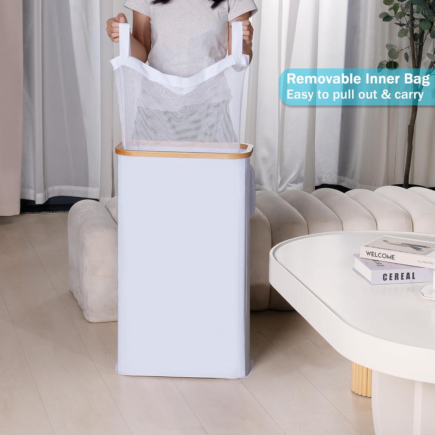 imageefluky Slim Laundry Basket with Lid Narrow Laundry Hamper with Removable Bag Skinny Dirty Clothes Basket with Bamboo Handles for Bathroom Bedroom amp Laundry Room 75L PinkWhite