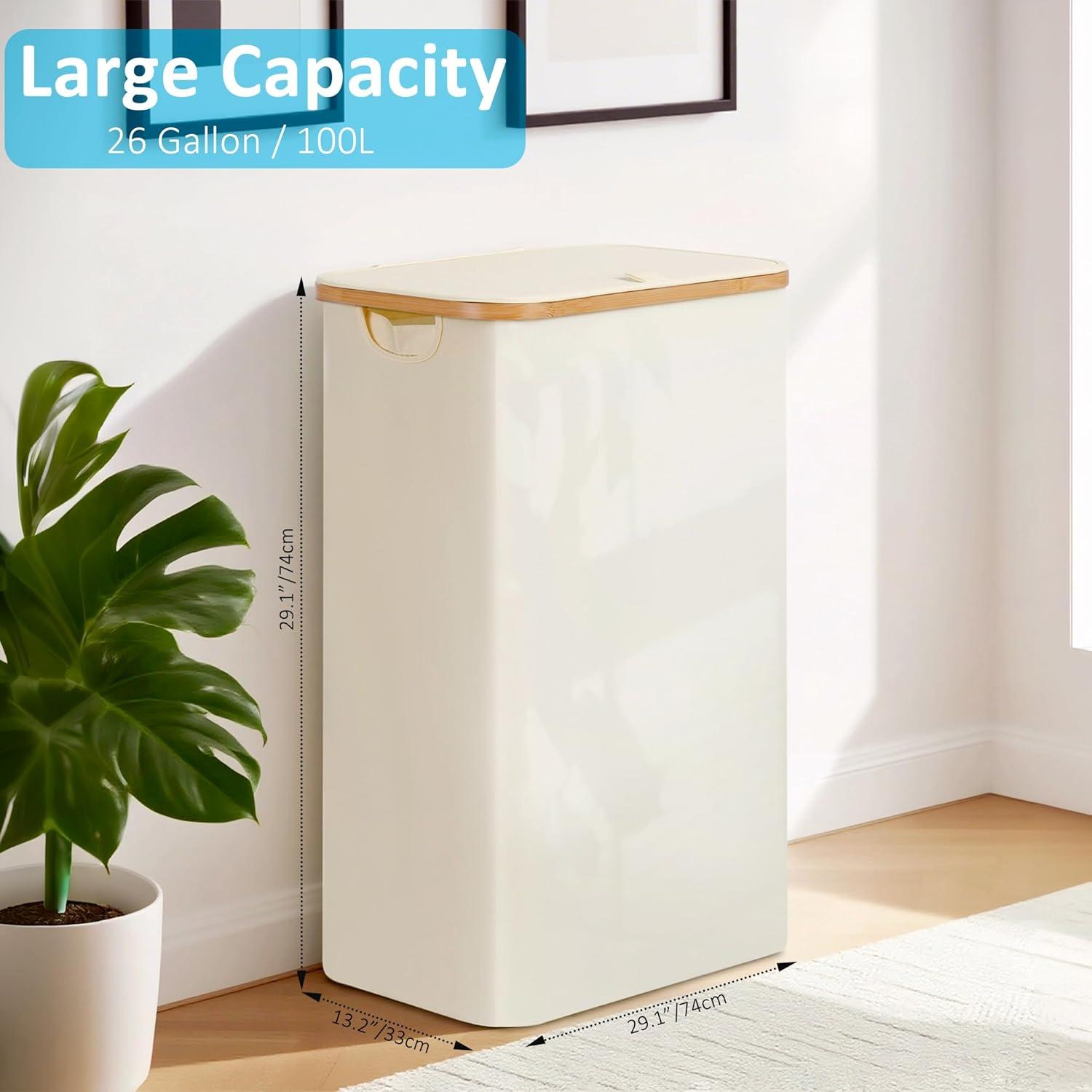 imageefluky Slim Laundry Basket with Lid Narrow Laundry Hamper with Removable Bag Skinny Dirty Clothes Basket with Bamboo Handles for Bathroom Bedroom amp Laundry Room 75L PinkBeige