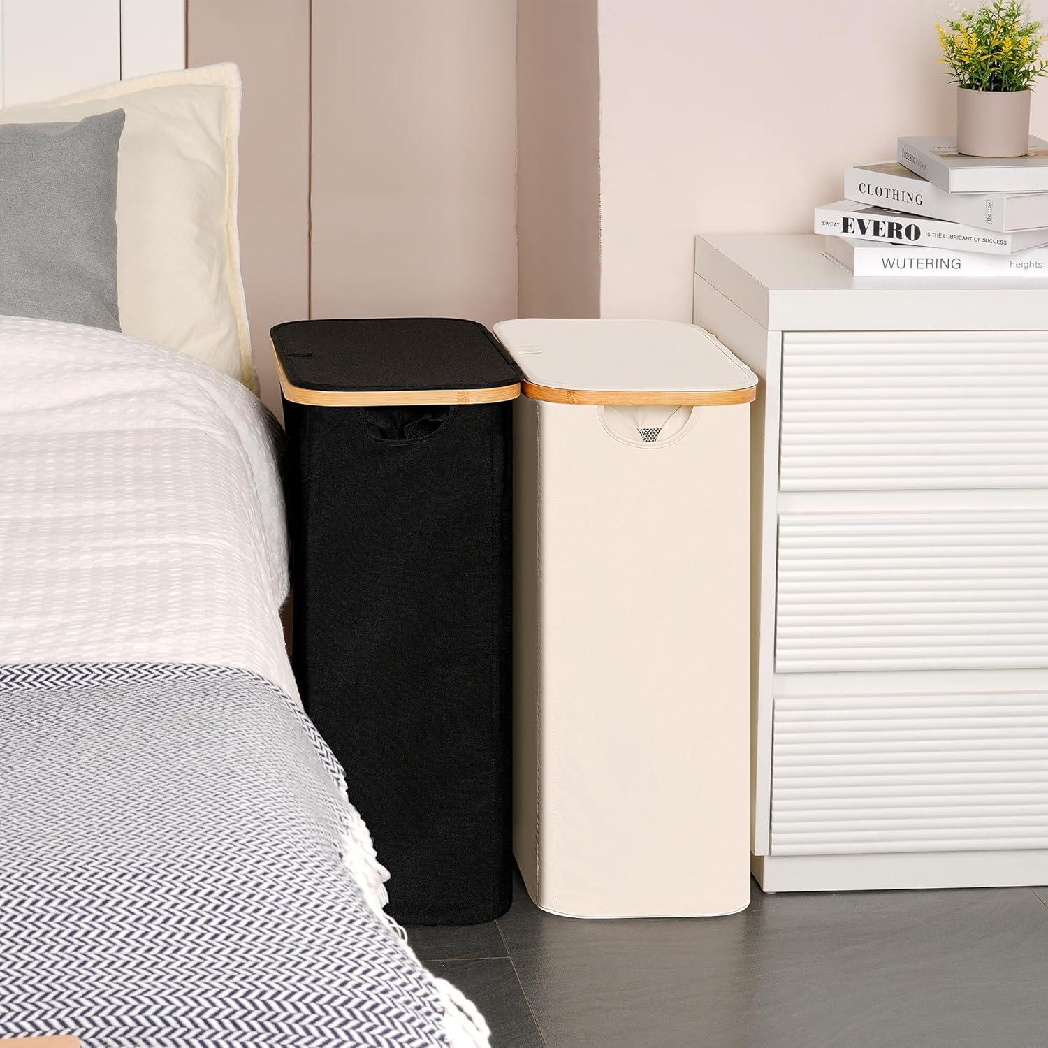 imageefluky Slim Laundry Basket with Lid Narrow Laundry Hamper with Removable Bag Skinny Dirty Clothes Basket with Bamboo Handles for Bathroom Bedroom amp Laundry Room 75L PinkBlack