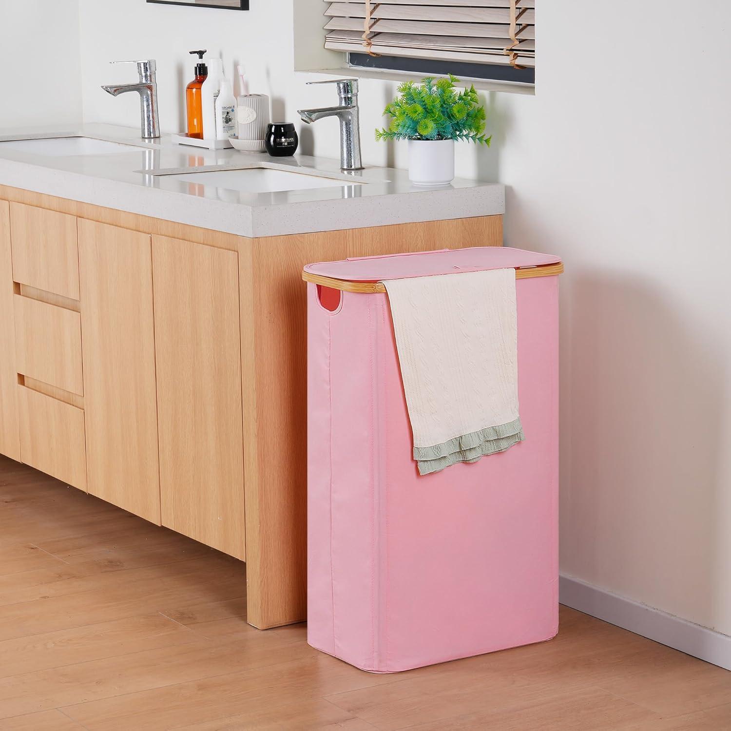 imageefluky Slim Laundry Basket with Lid Narrow Laundry Hamper with Removable Bag Skinny Dirty Clothes Basket with Bamboo Handles for Bathroom Bedroom amp Laundry Room 75L PinkPink