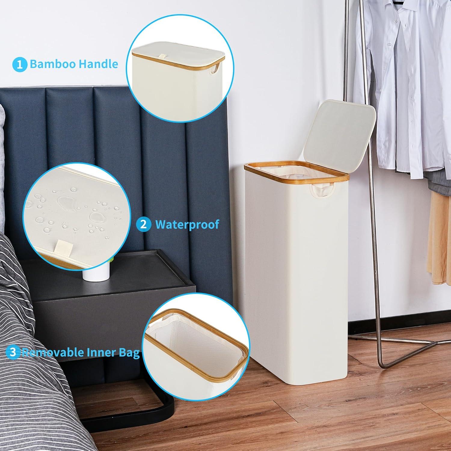 imageefluky Slim Laundry Basket with Lid Narrow Laundry Hamper with Removable Bag Skinny Dirty Clothes Basket with Bamboo Handles for Bathroom Bedroom amp Laundry Room 75L PinkBeige