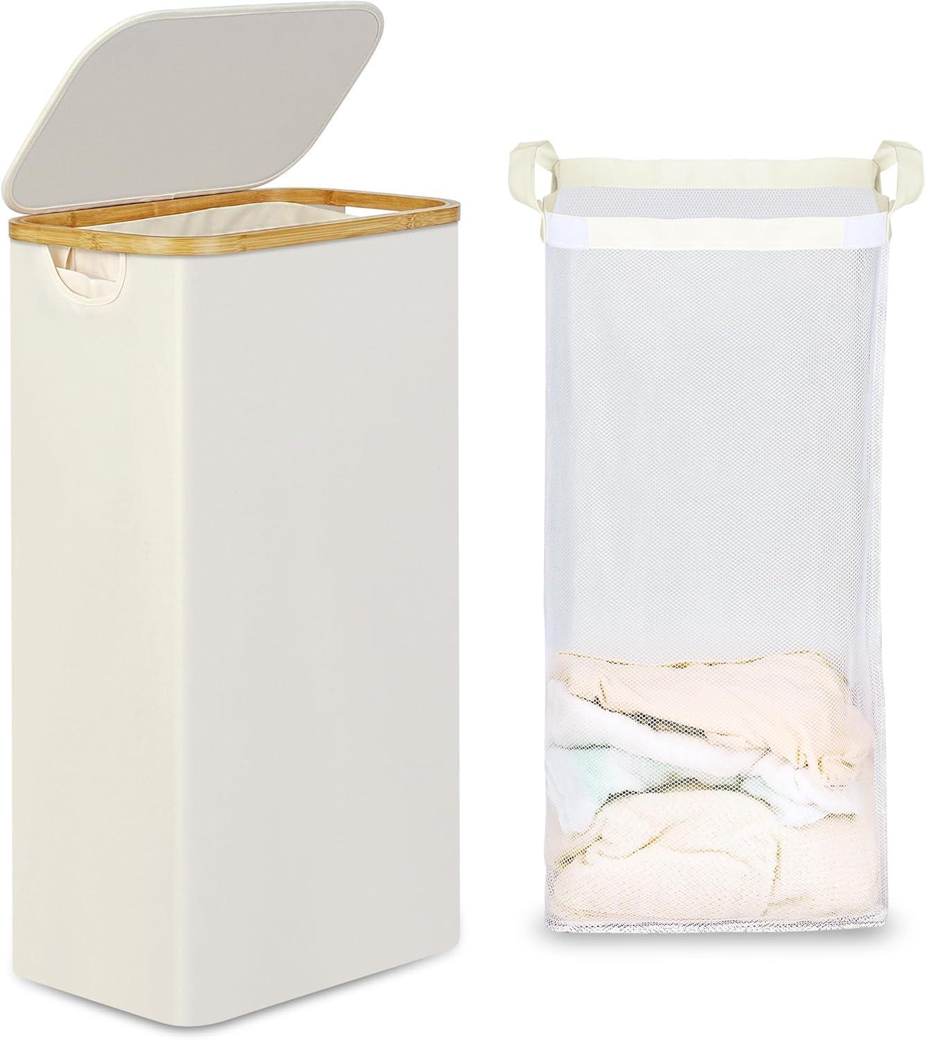 imageefluky Slim Laundry Basket with Lid Narrow Laundry Hamper with Removable Bag Skinny Dirty Clothes Basket with Bamboo Handles for Bathroom Bedroom amp Laundry Room 75L PinkBeige